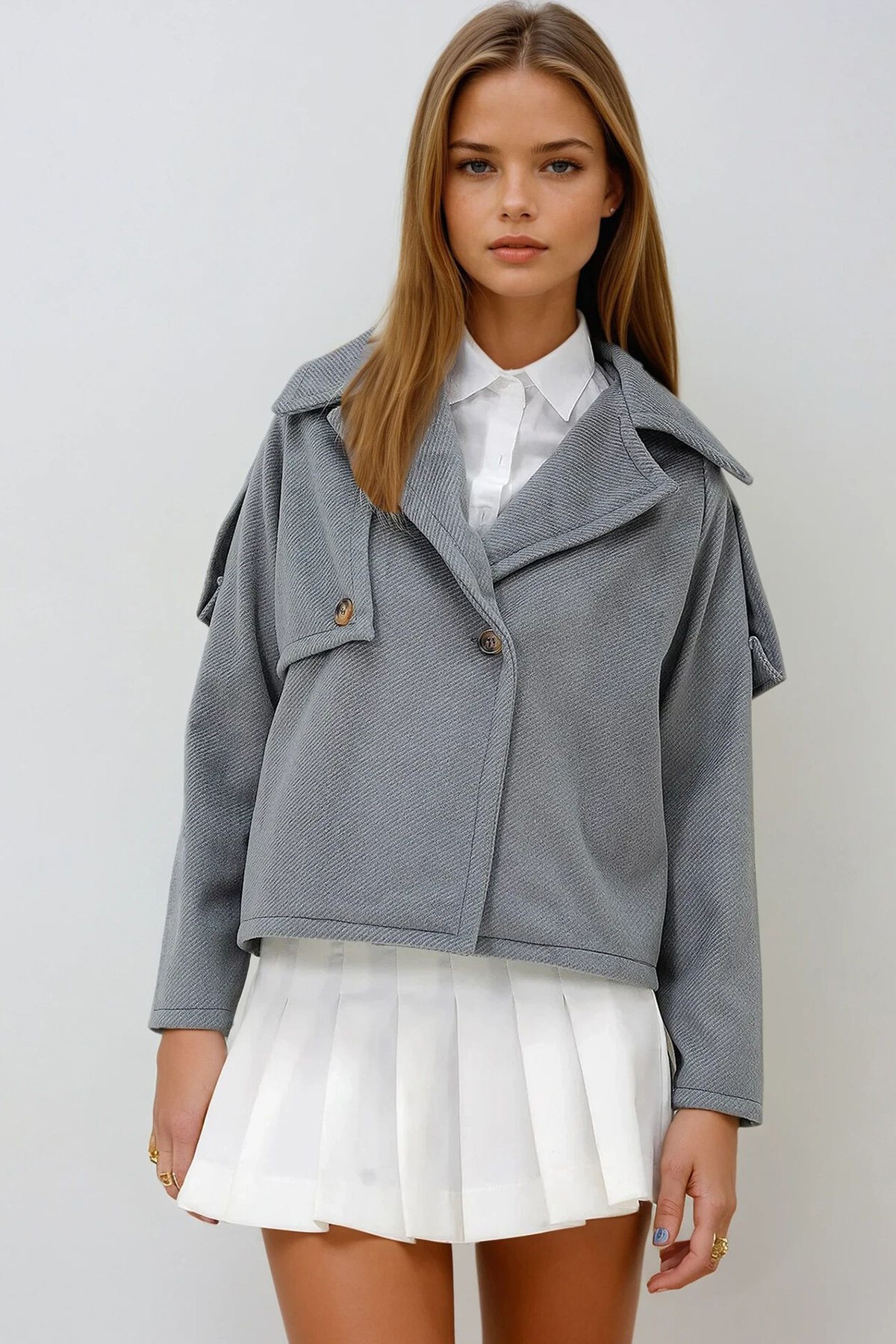 Antrasit Kruvaze Yaka Düğme Detaylı Kolu Apoletli Kaşe Ceket