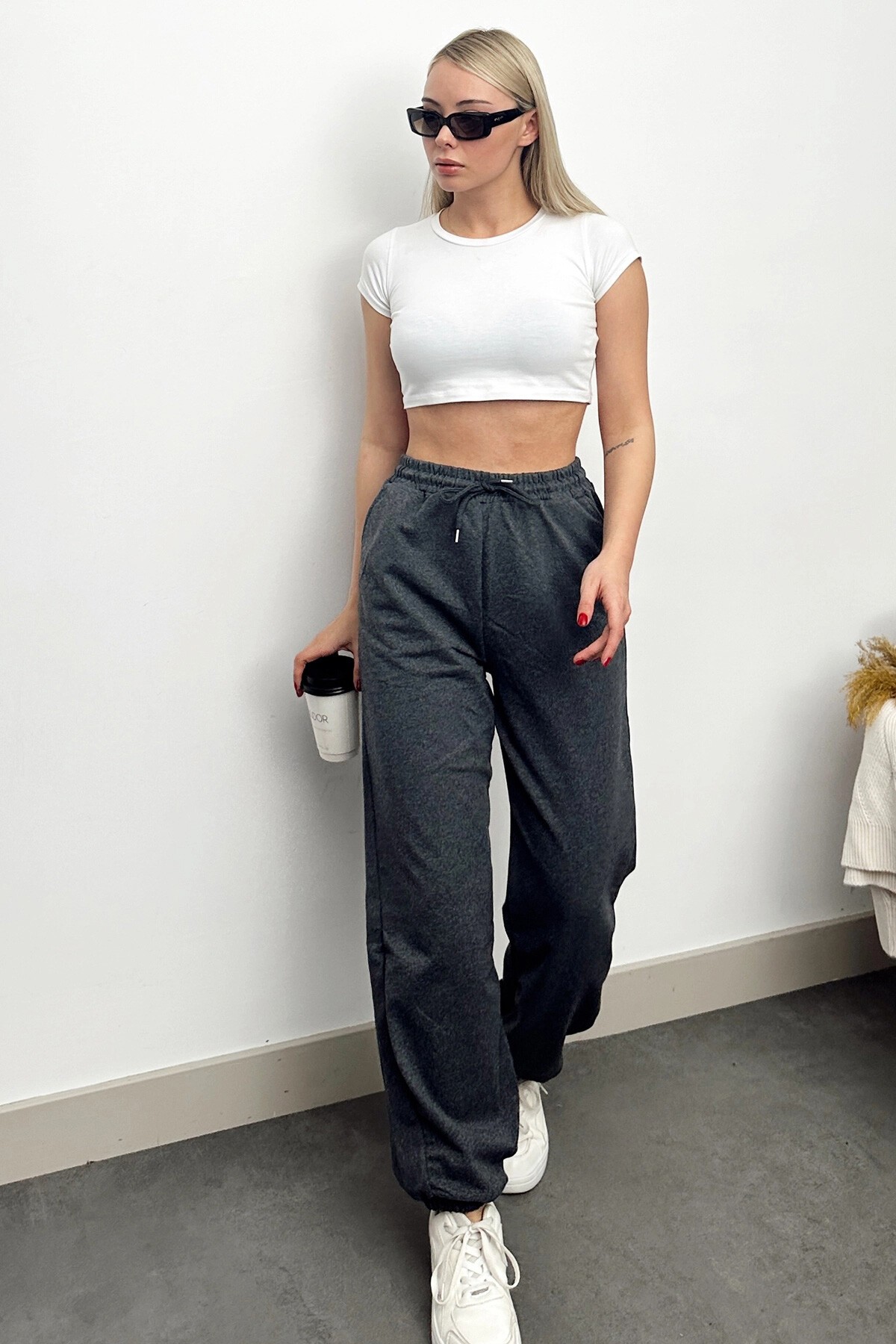 Antrasit Paçası Lastikli İki İplik Eşofman Altı