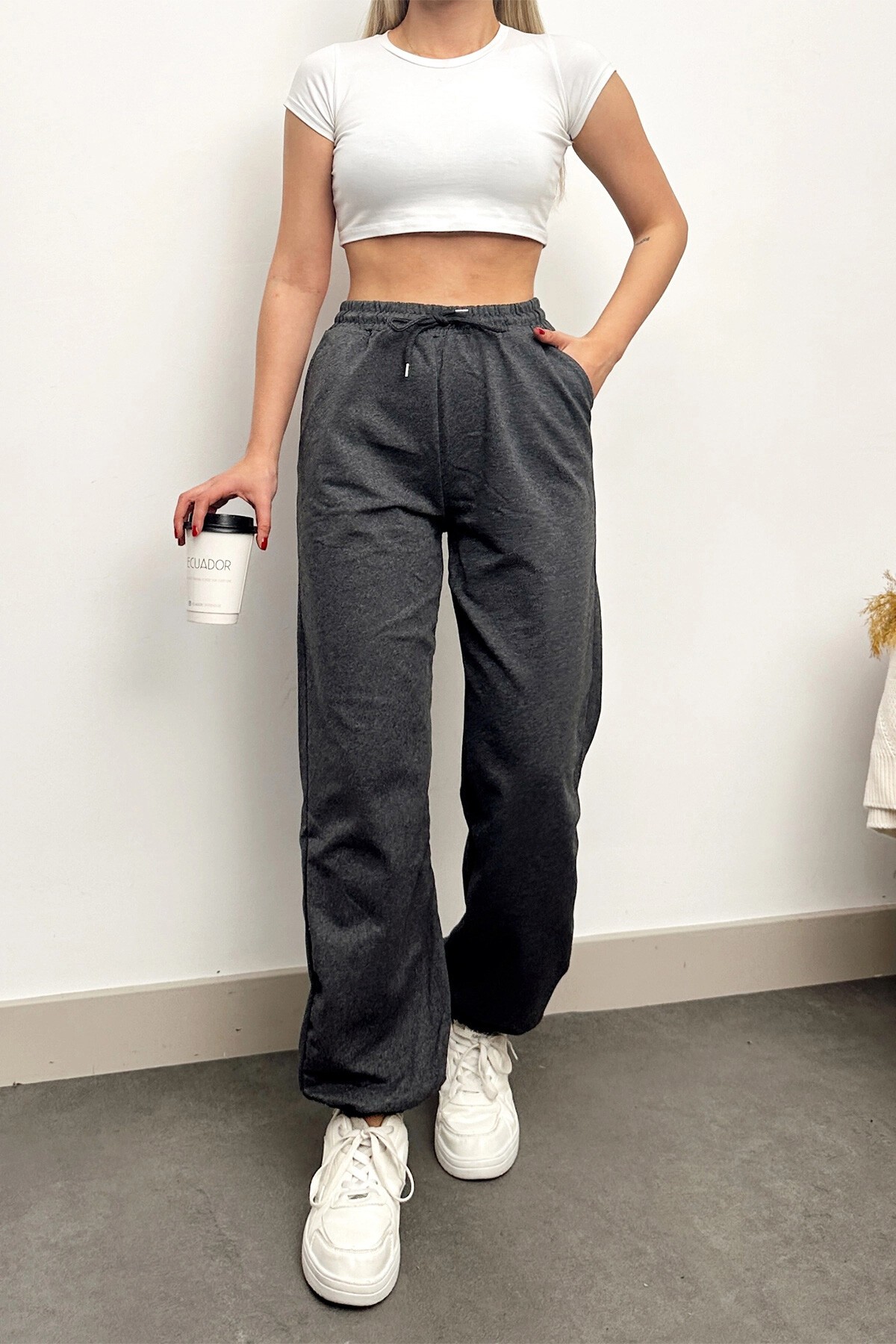 Antrasit Paçası Lastikli İki İplik Eşofman Altı