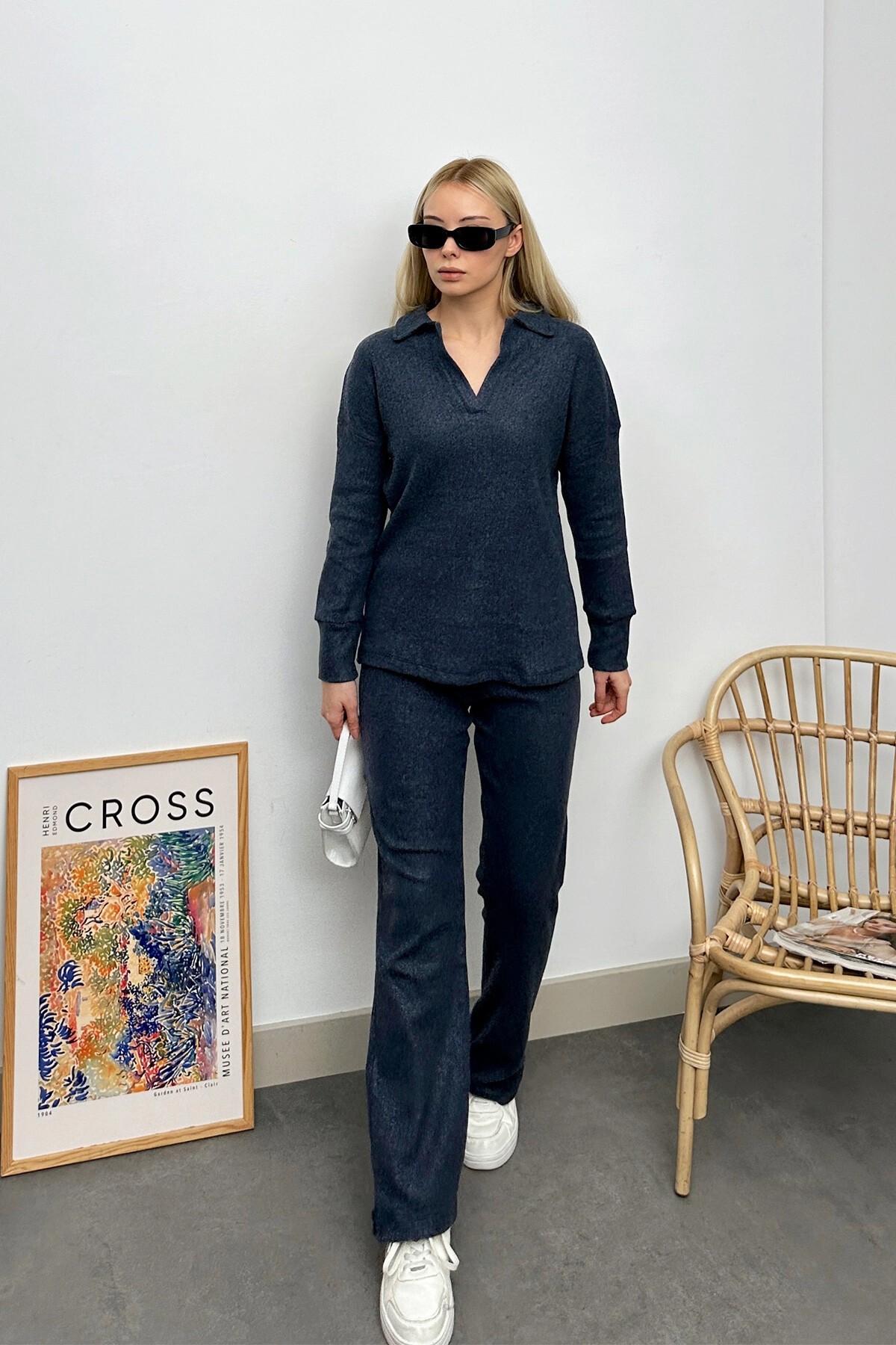 Antrasit Polo Yaka Üst Ve Palazzon Pantolon Triko Alt Üst Takım