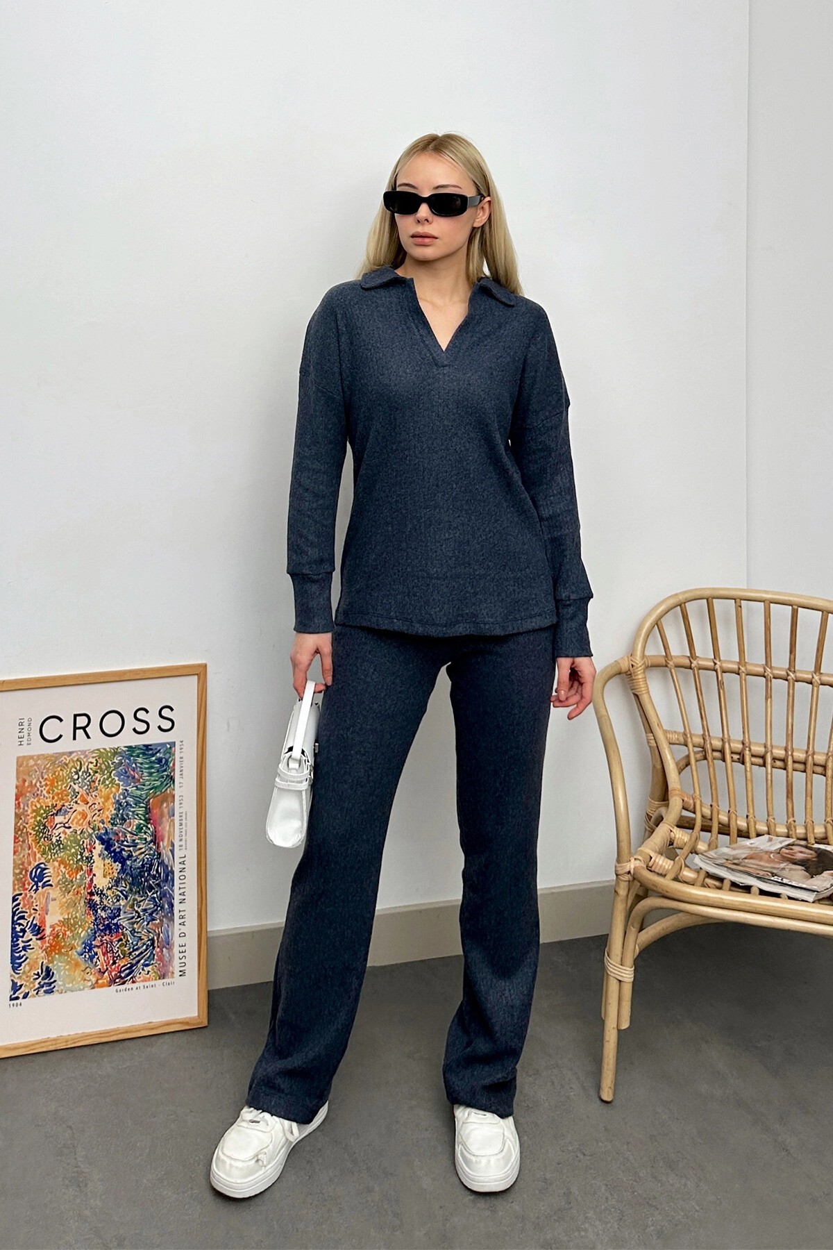 Antrasit Polo Yaka Üst Ve Palazzon Pantolon Triko Alt Üst Takım