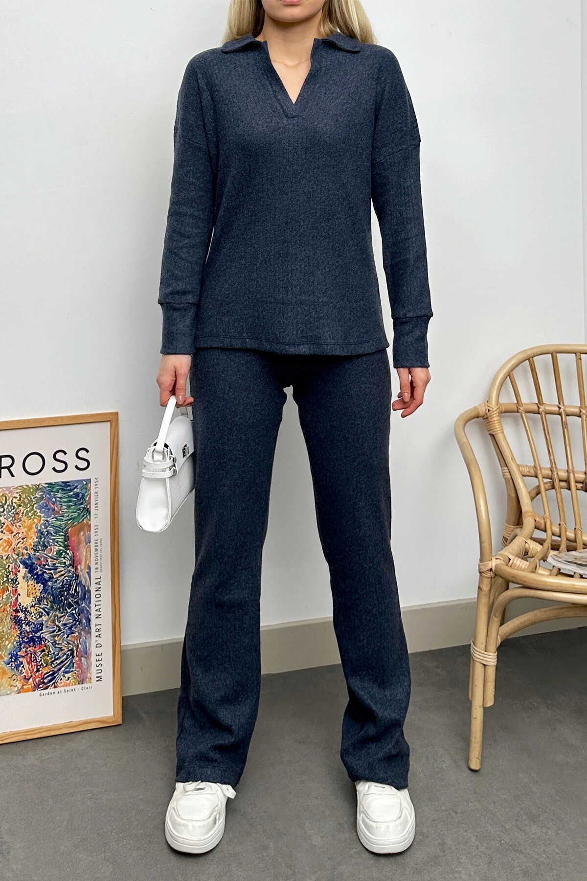 Antrasit Polo Yaka Üst Ve Palazzon Pantolon Triko Alt Üst Takım