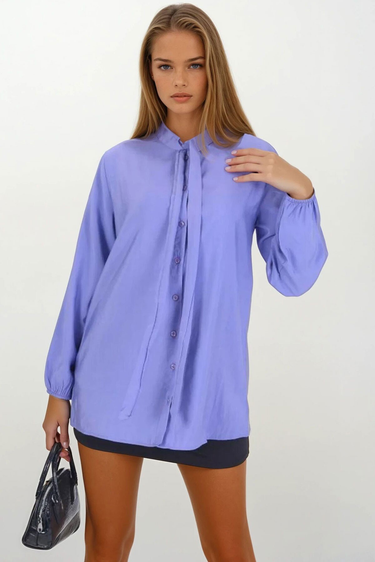 Lila Yakası Bağlamalı Oversize Gömlek