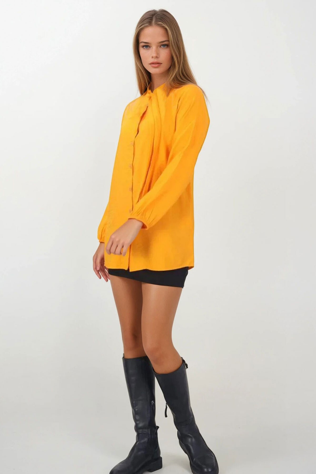 Sarı Yakası Bağlamalı Oversize Gömlek