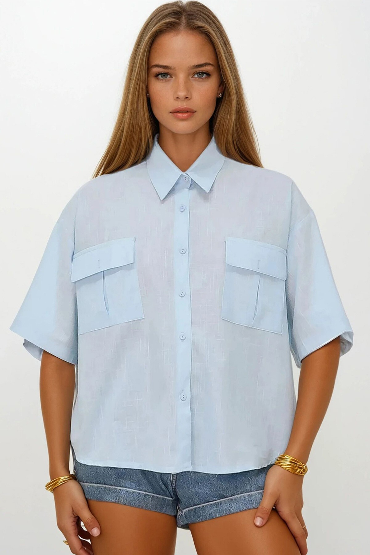 Bebe Mavi Çift Cepli Yarım Kol Keten Gömlek