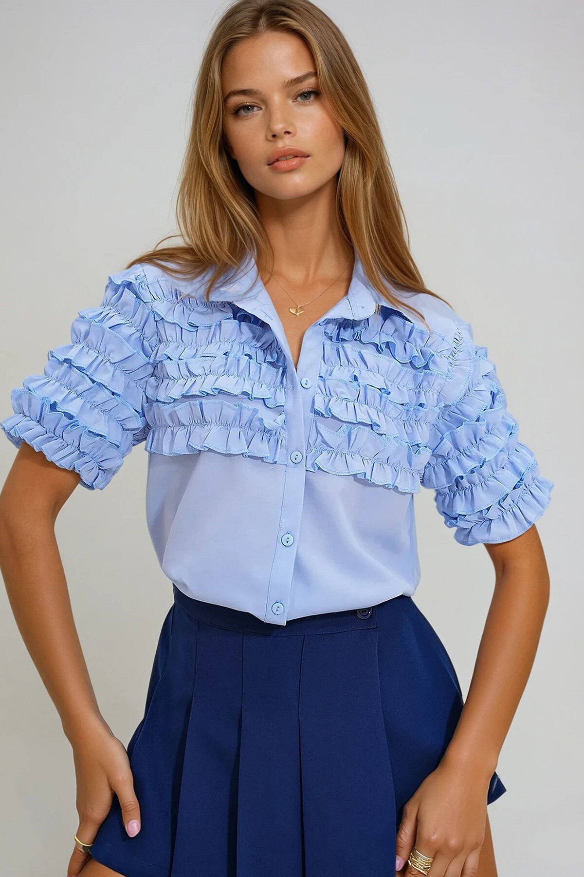 Bebe Mavi Fırfırlı Kısa Kol Gömlek