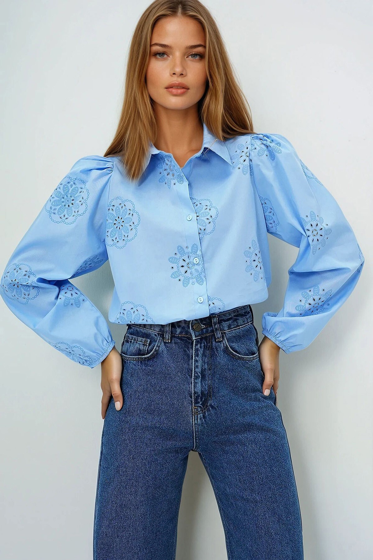 Bebe Mavi Güpür Dokuma Premıum Gömlek