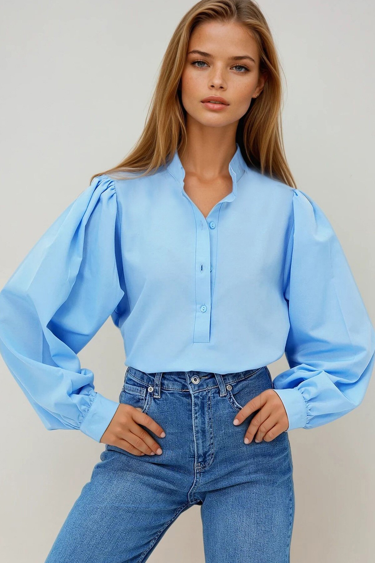 Bebe Mavi Hakim Yaka Önü Düğmeli Balon Kol Poplin Dokuma Gömlek