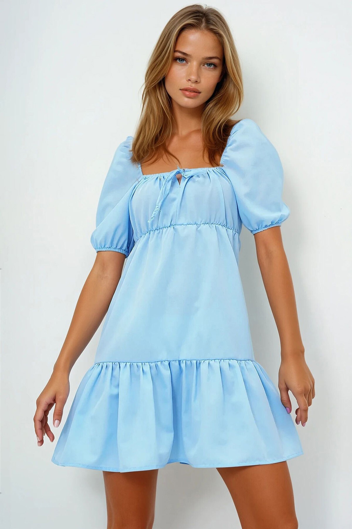 Bebe Mavi Kare Yaka Balon Kol Poplin  Mini Elbise
