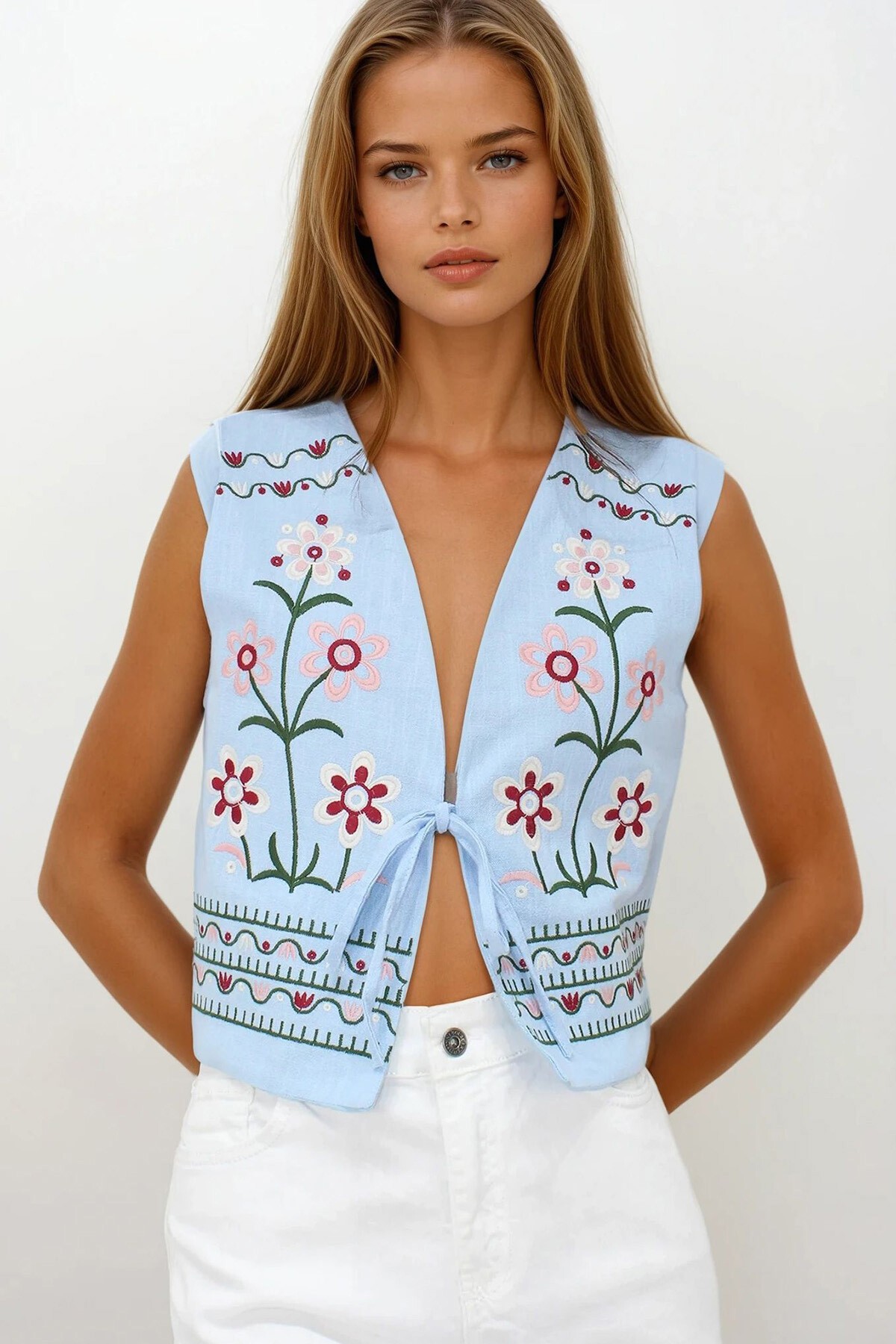 Bebe Mavi Nakışlı Bağcık Detaylı Tasarım Ham Keten Yelek