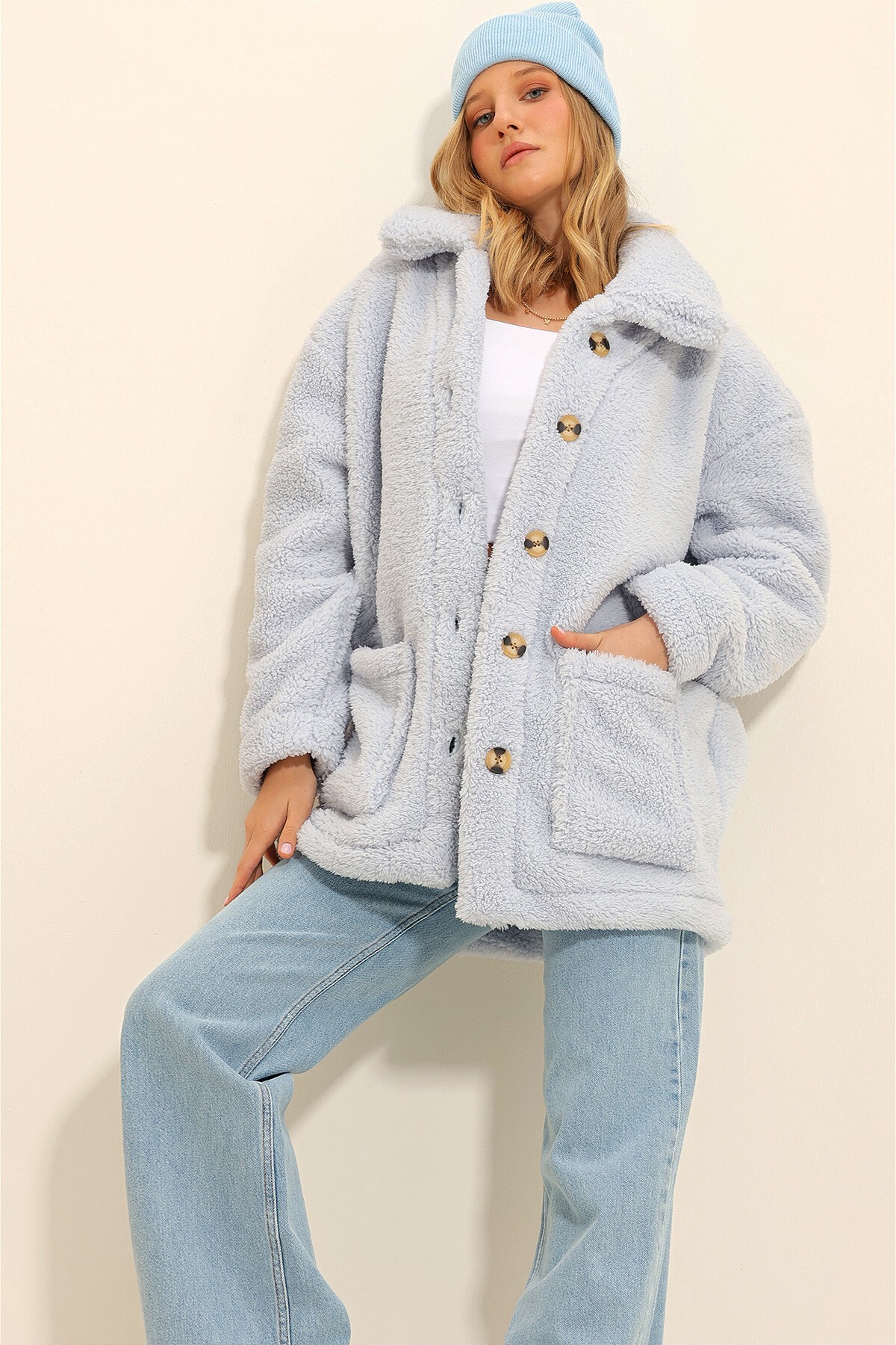 Bebe Mavi Polo Yaka Çift Cepli Önü Düğmeli Peluş Kaban