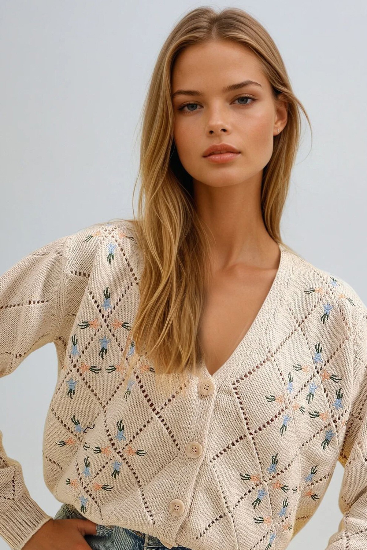 Bej Baklava Desenli Çiçek Nakışlı Triko Hırka