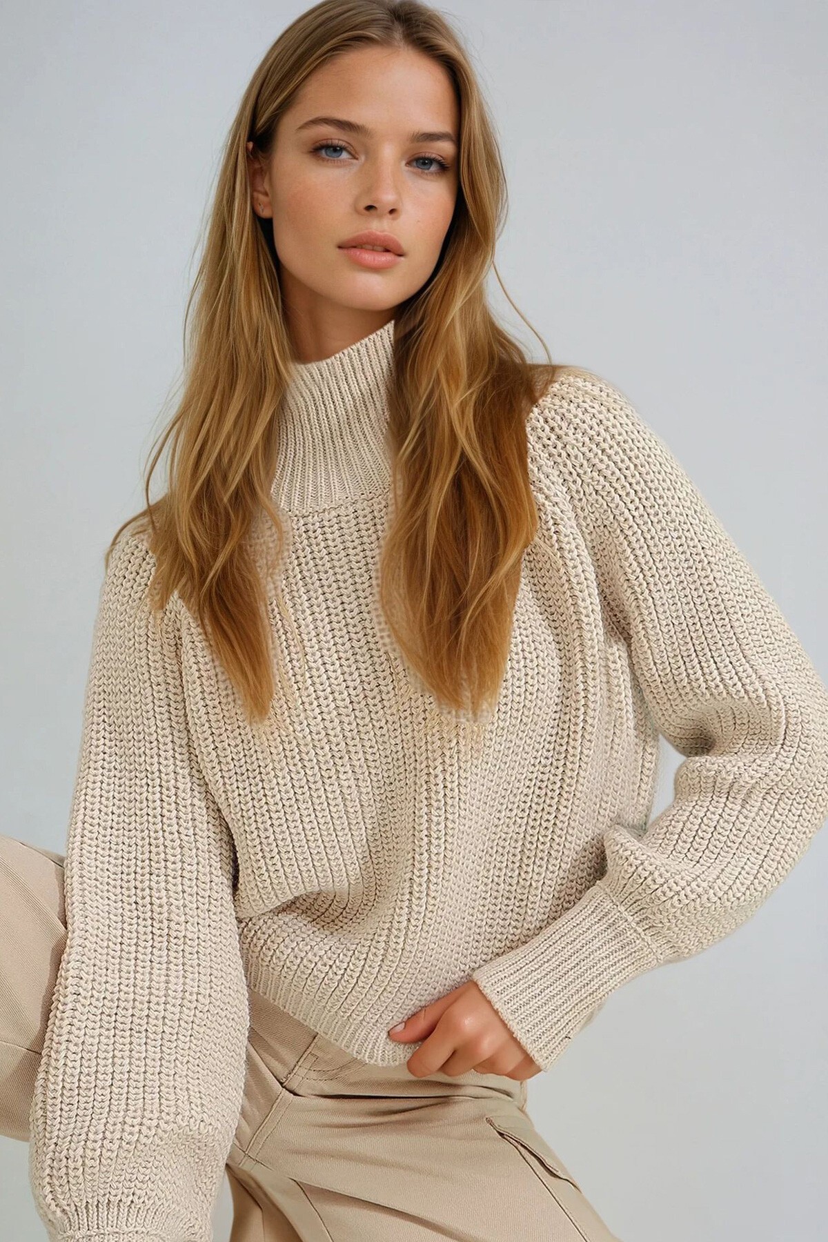 Bej Balıkçı Yaka Balon Kollu Selanik Örgü Kalın Kazak