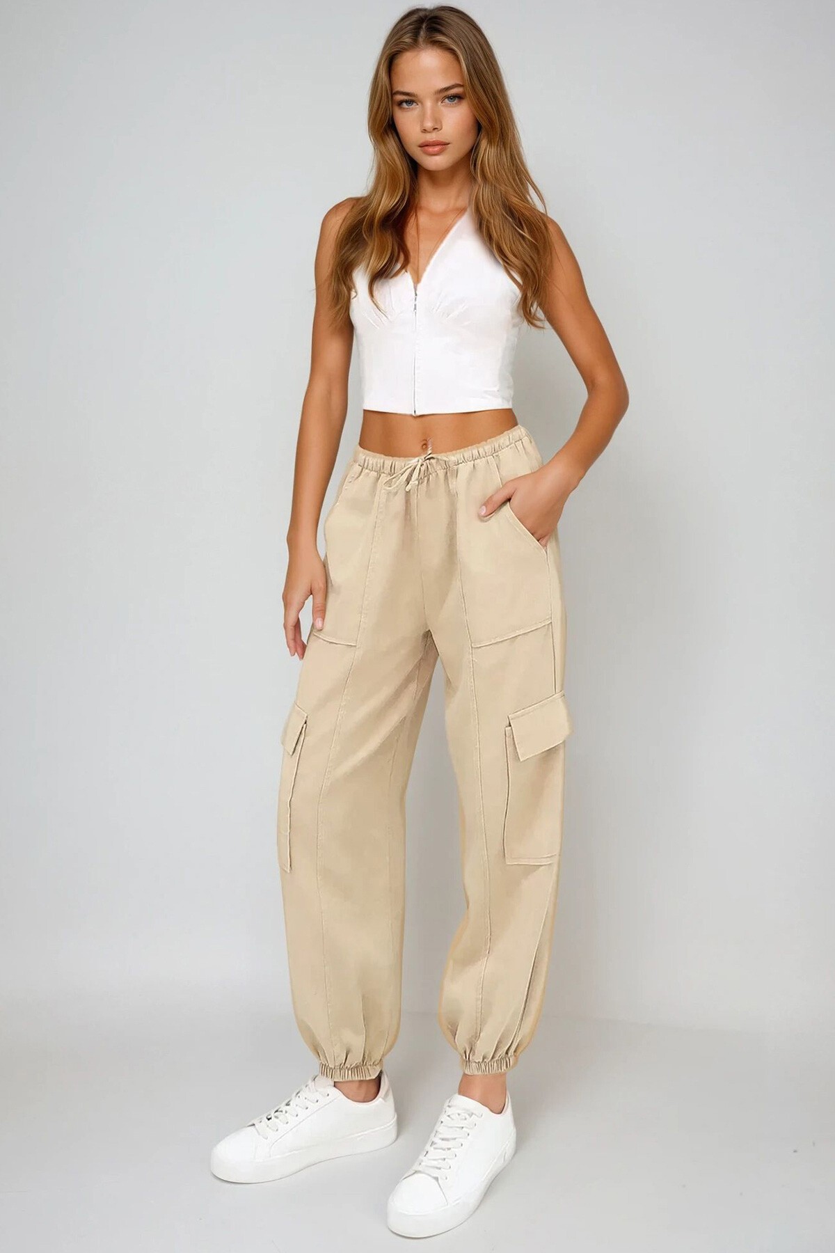 Bej Beli Lastikli Kargo Jogger Pantolon