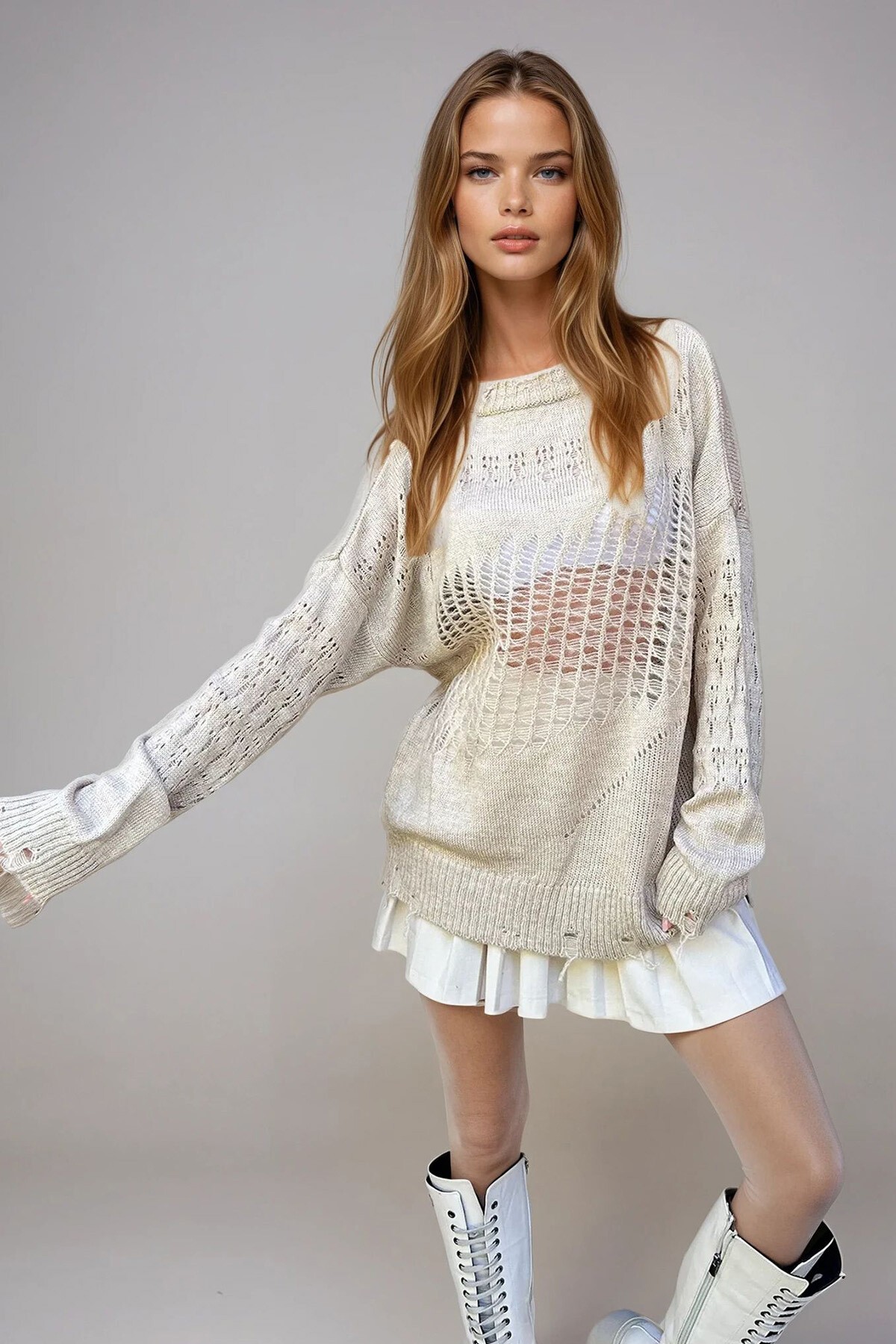 Bej Bisiklet Yaka Ajurlu Triko Kazak