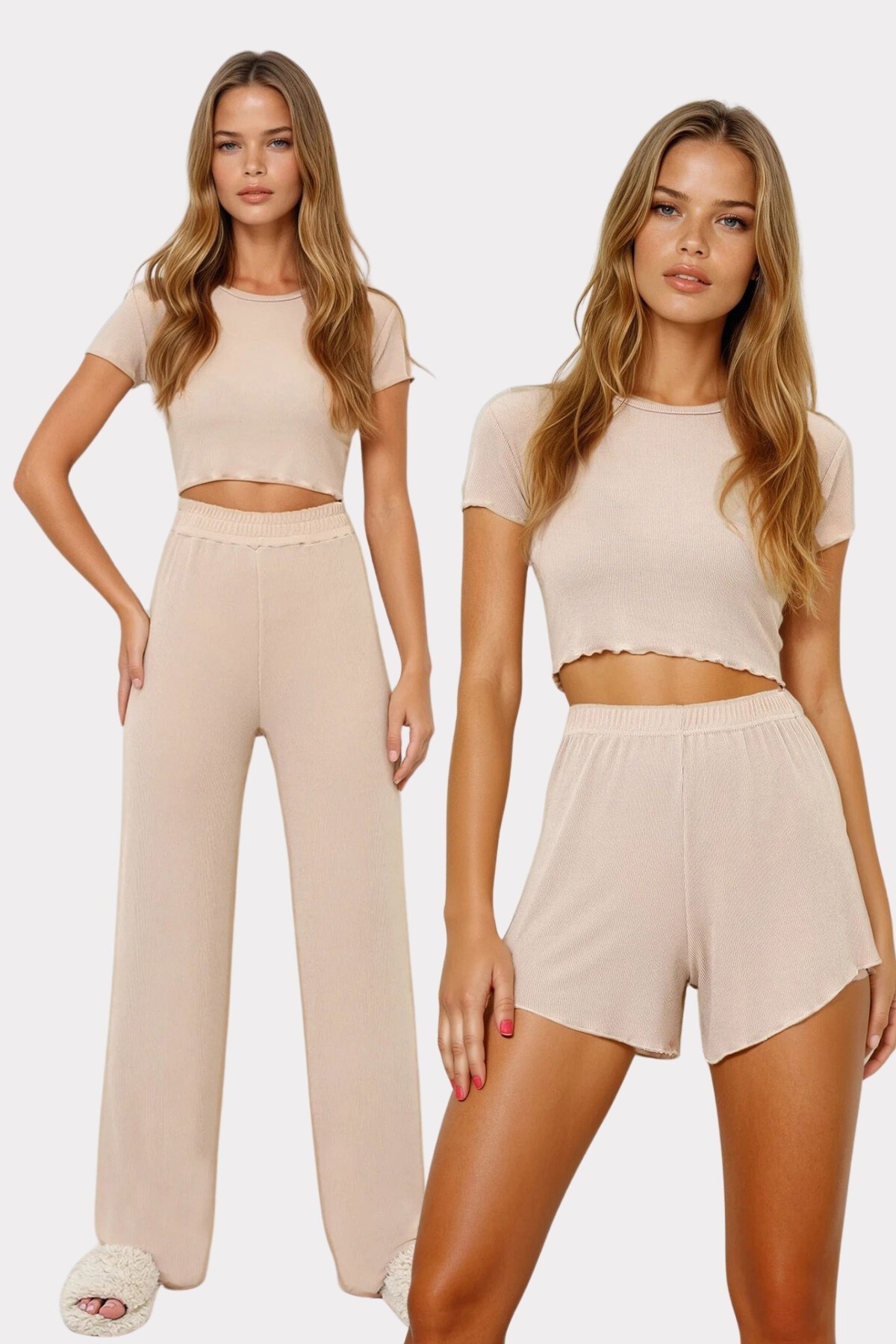 Bej Bisiklet Yaka Crop Bluz, Şort Ve Pantolonlu 3 Lü Set Pijama Takımı