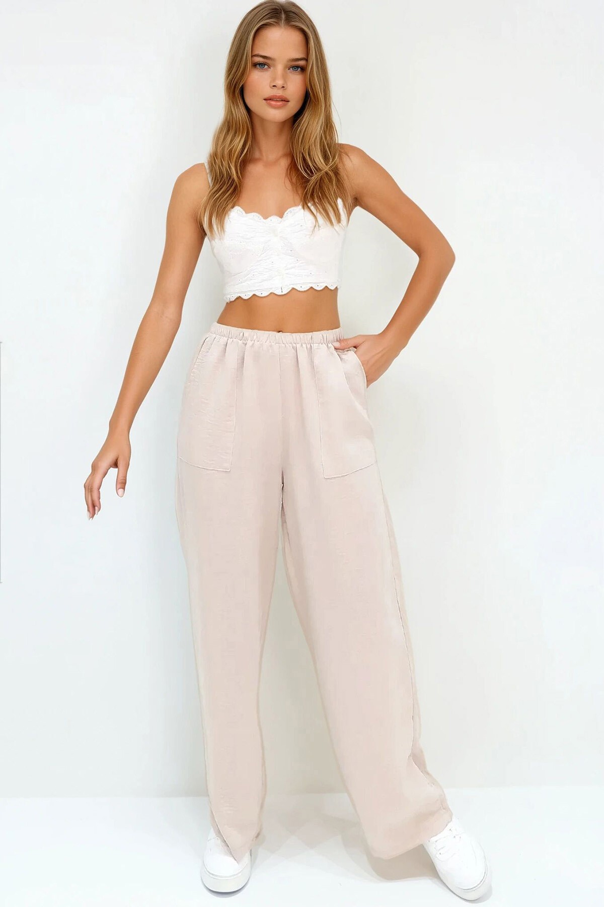 Bej Çift Cepli Beli Lastikli Keten Geniş Paça Pantolon