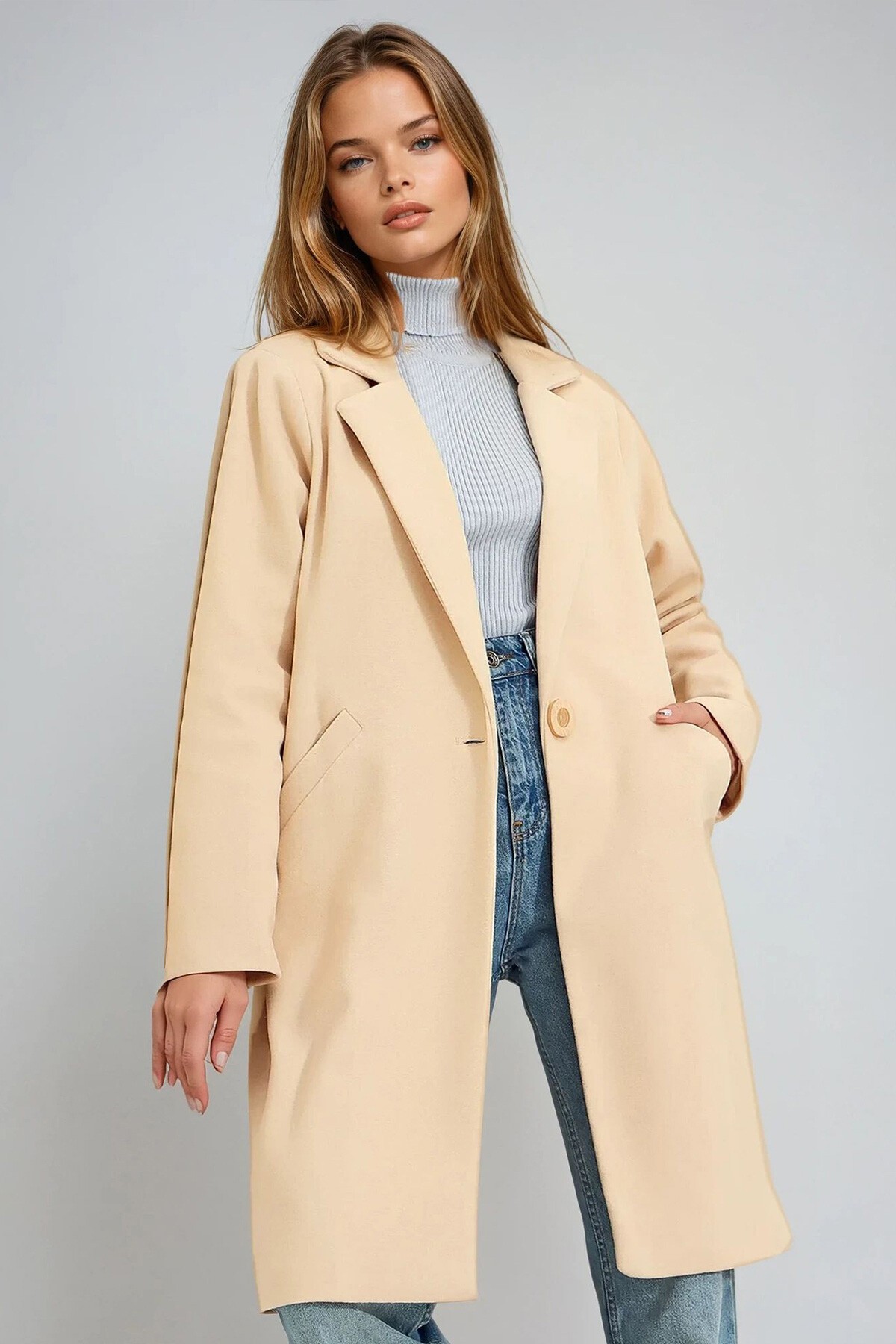 Bej Çift Cepli İçi Astarlı Kışlık Kaşe Kaban