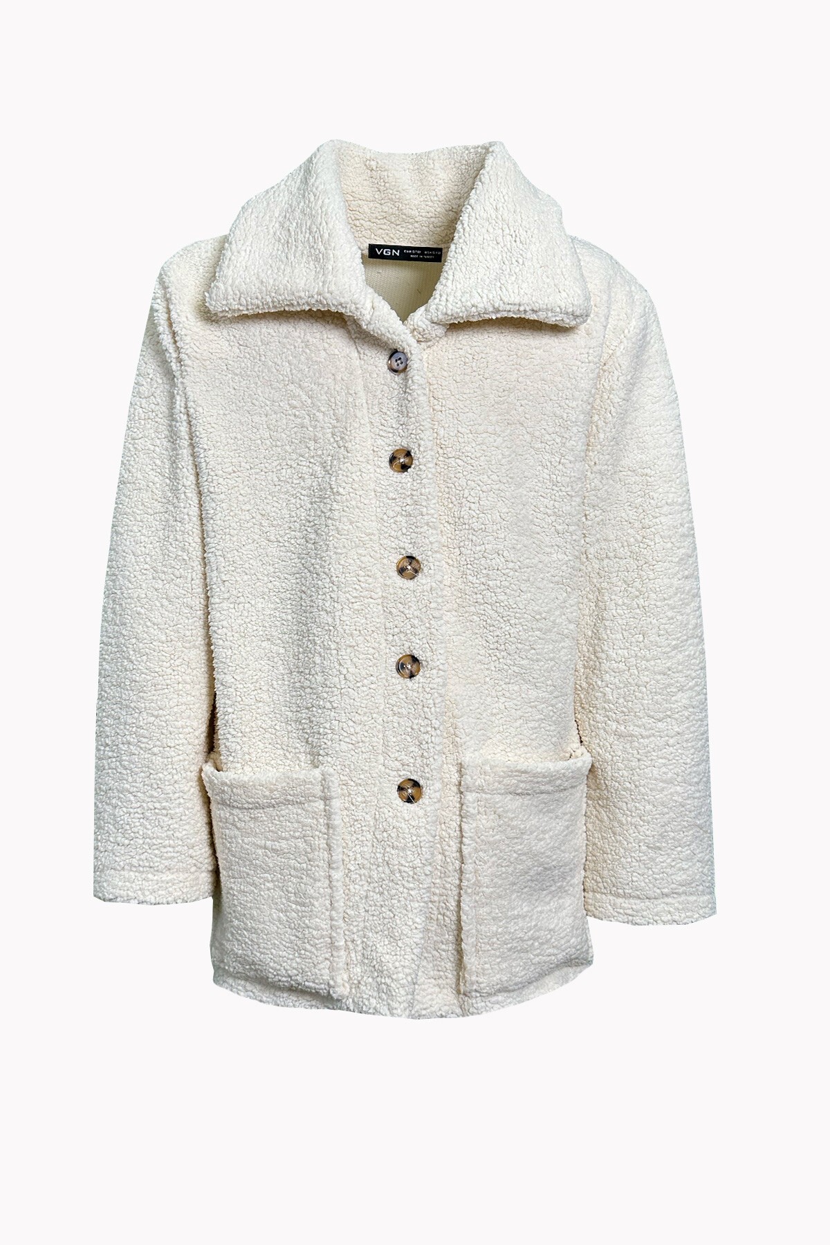 Bej Çift Cepli Önü Düğmeli Şal Yaka Peluş Ceket