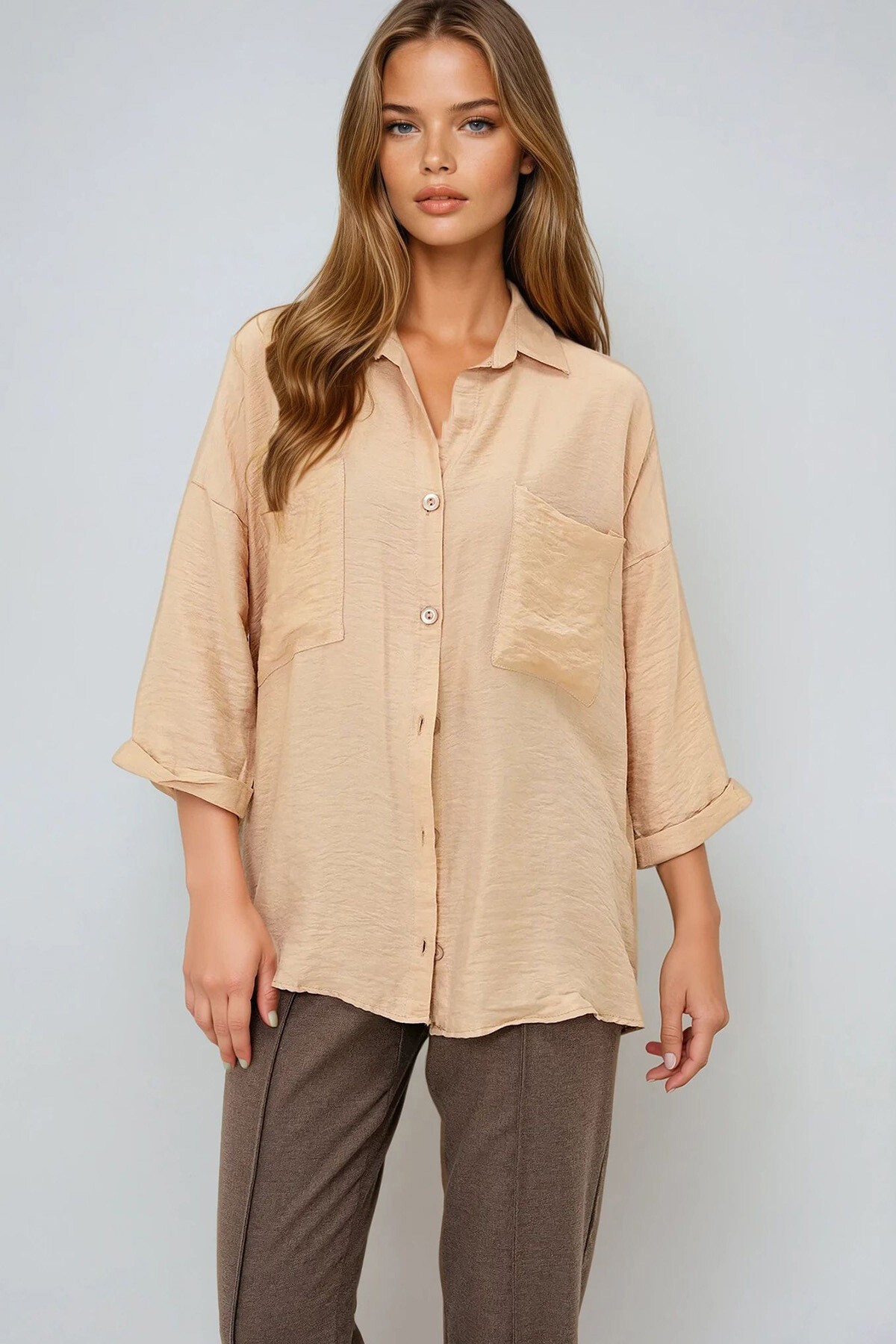 Bej Çift Cepli Oversize Dokuma Gömlek
