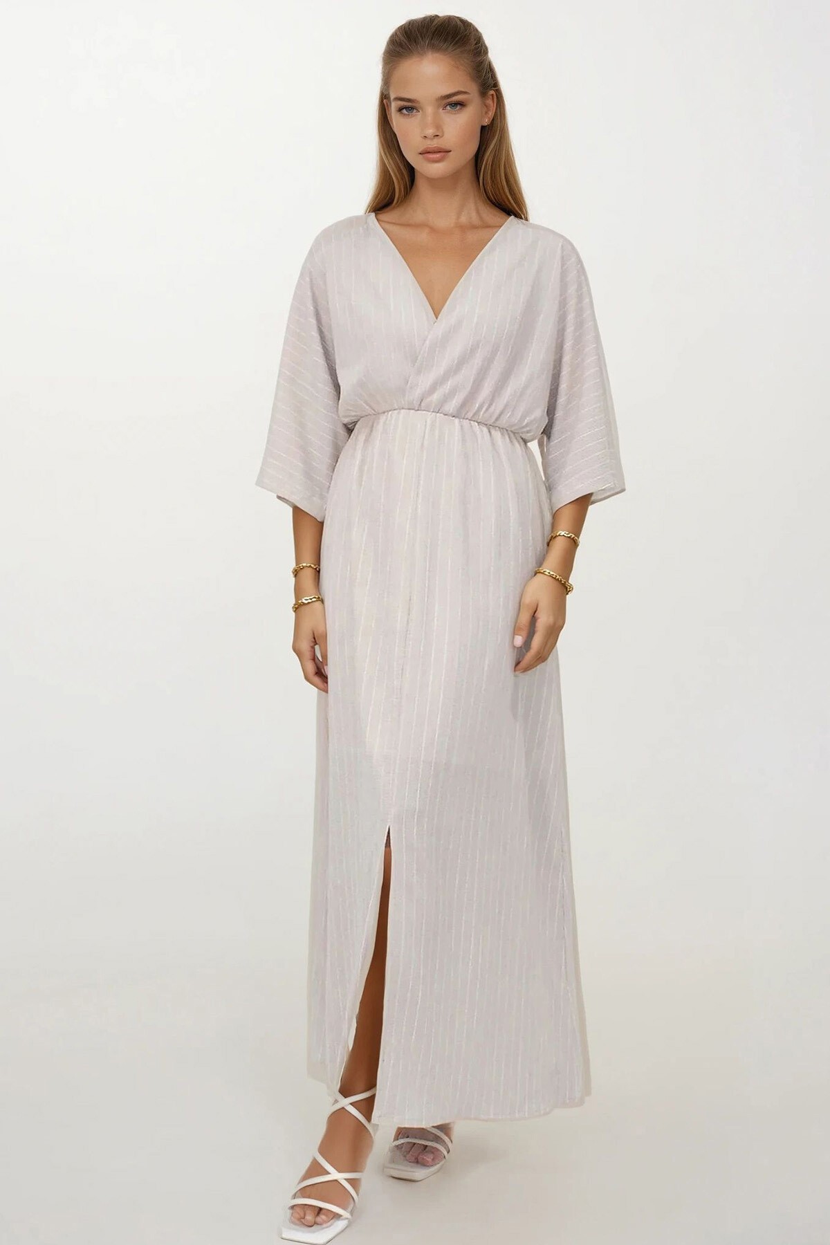 Bej Derin V Yaka Beli Lastikli Çizgili Elbise