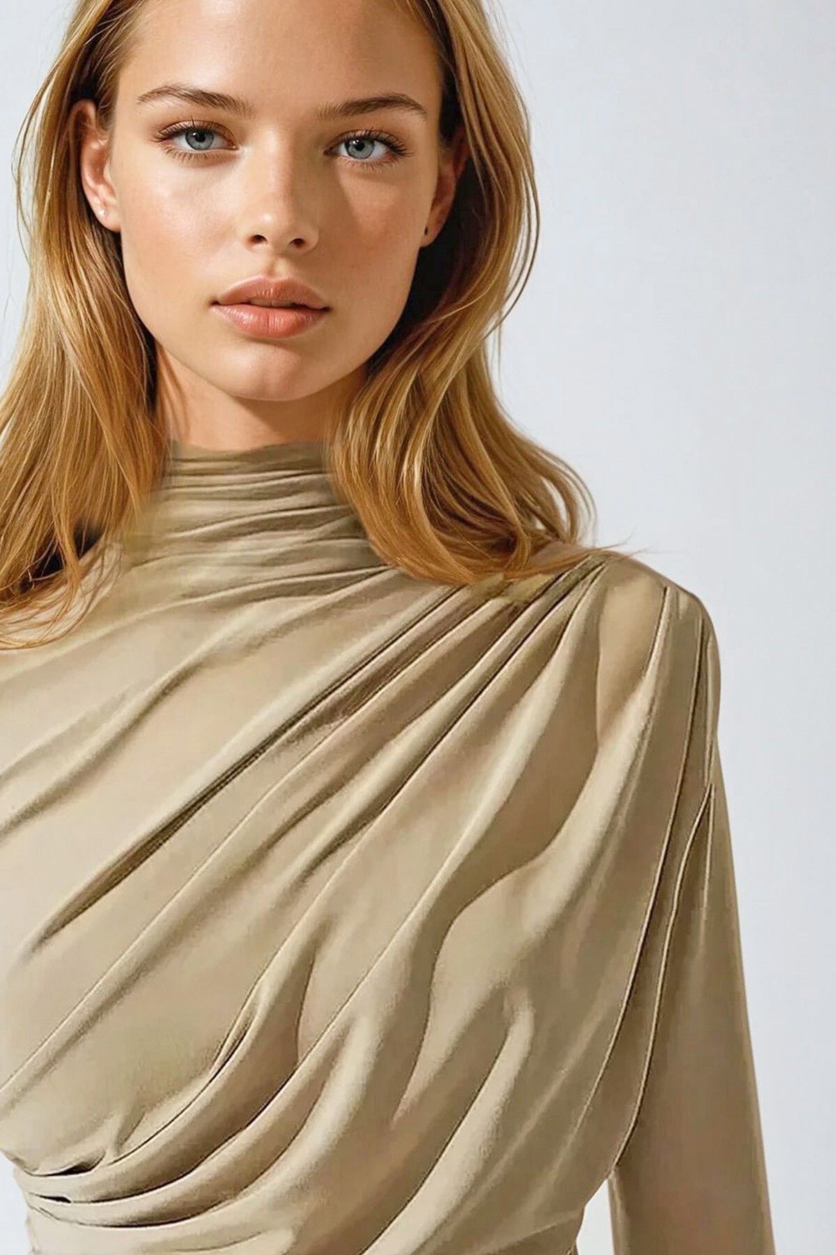 Bej Dik Yaka Omzu Drapeli Sandy Crop Bluz