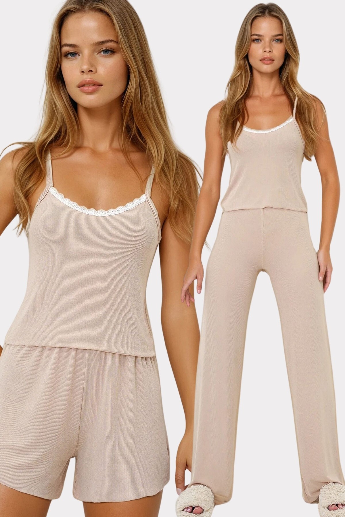 Bej İp Askılı Dantel Detaylı Bluz, Şort Ve Pantolonlu 3 Lü Set Pijama Takımı