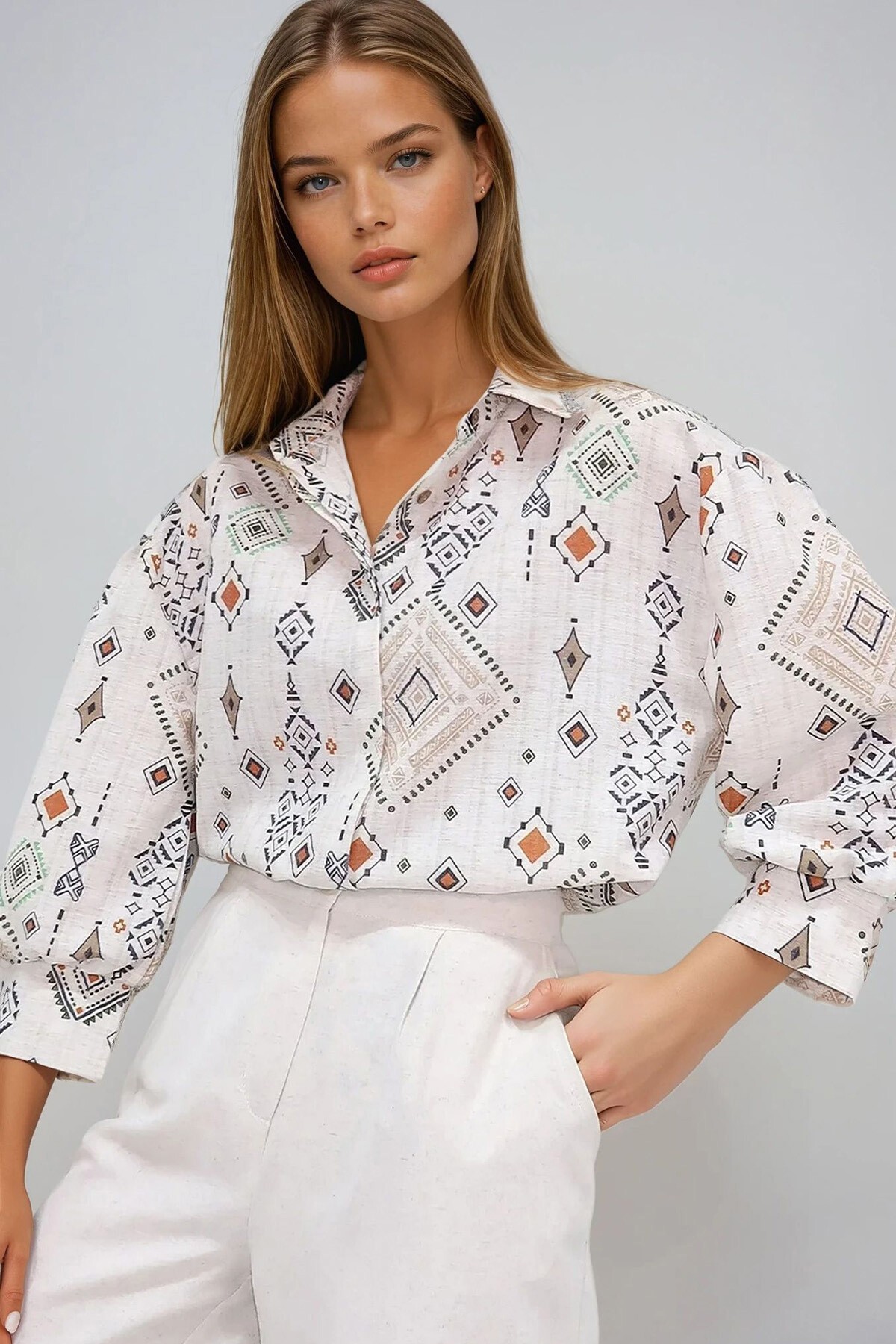 Bej Kahve Prenses Etnik Desenli Flamlı Keten Dokuma Gömlek