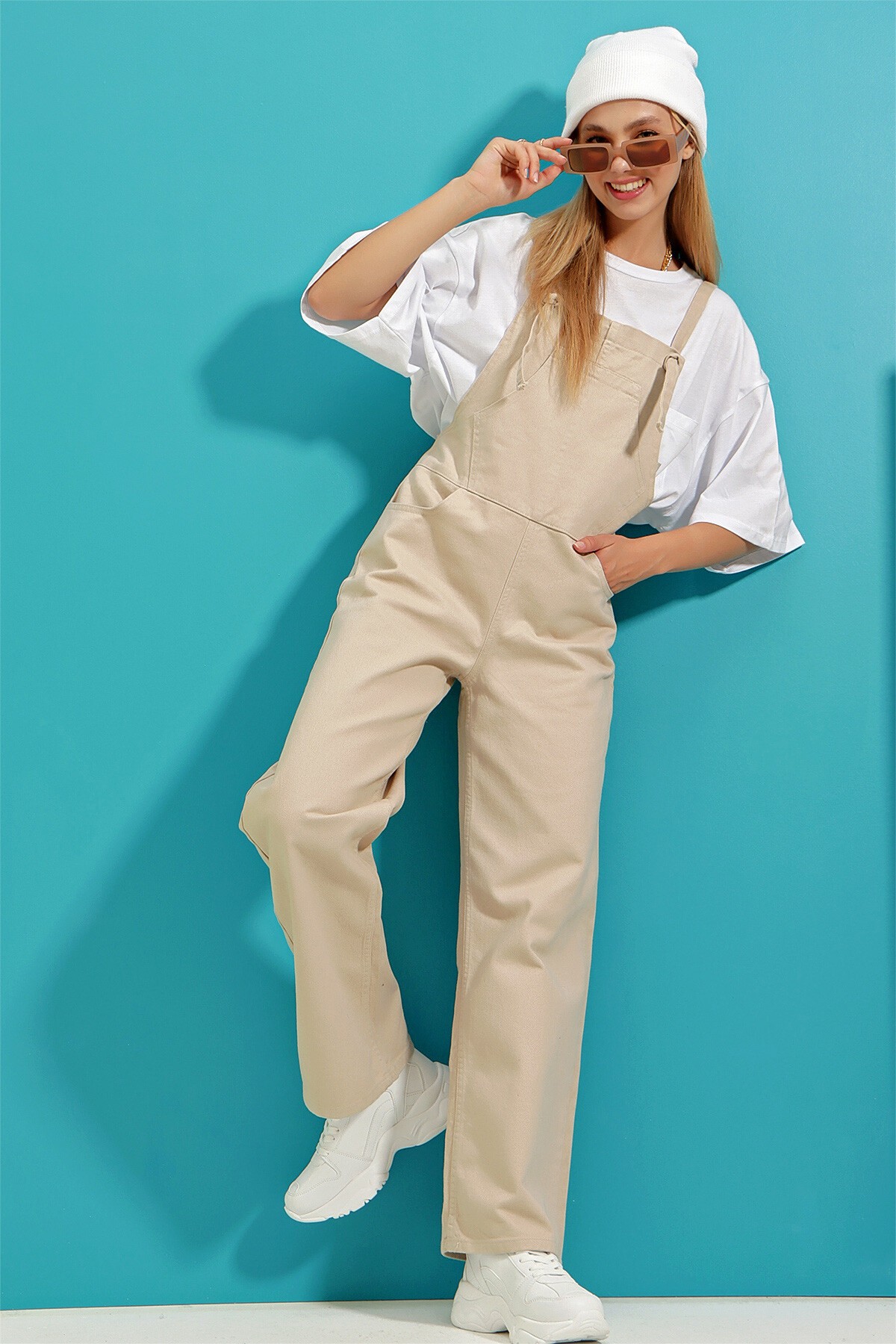 Bej Kanguru Cepli Denim Bahçıvan Salopet