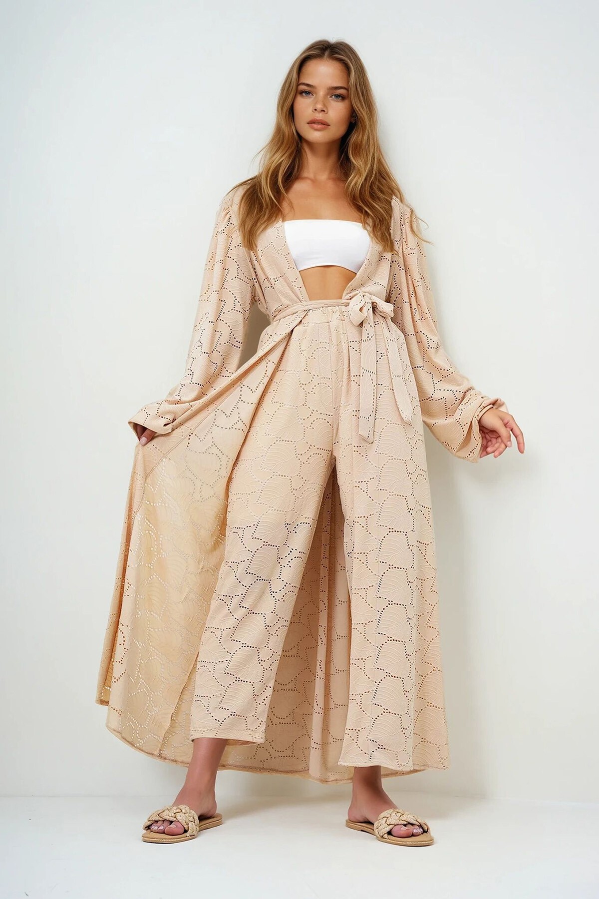 Bej Kendinden Dokulu Ajurlu Uzun Pantolonlu Kimono Takım