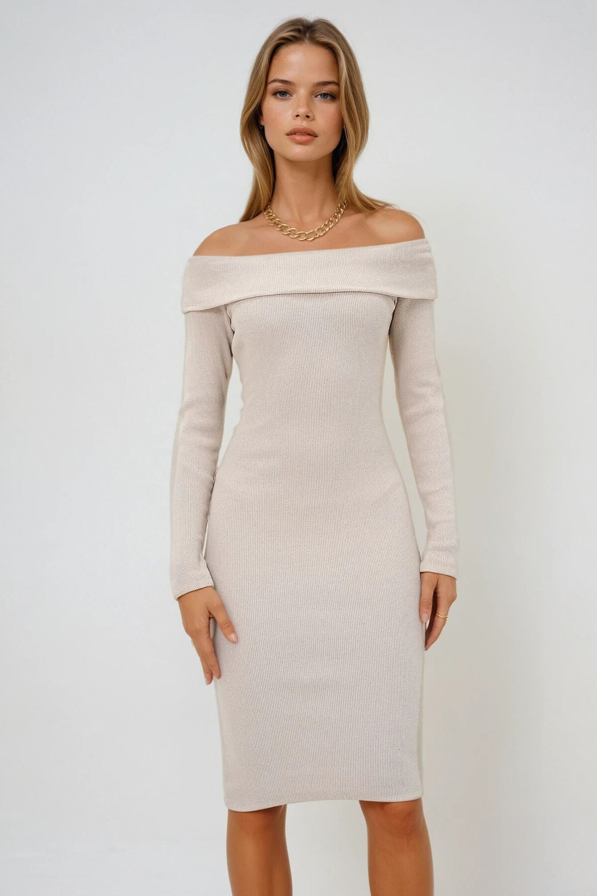 Bej Madonna Yaka Fitilli Örme Elbise