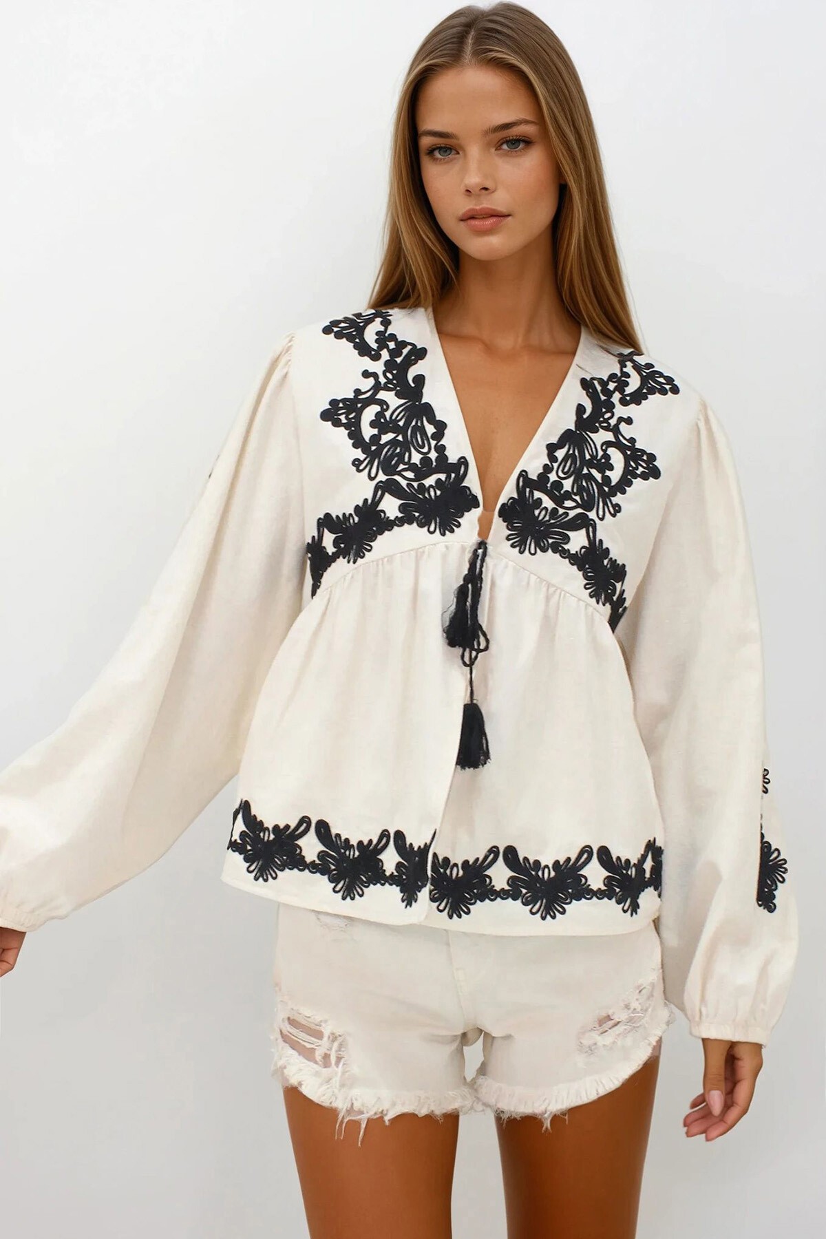 Bej Nakışlı Bağlama Detaylı Ham Keten Ceket