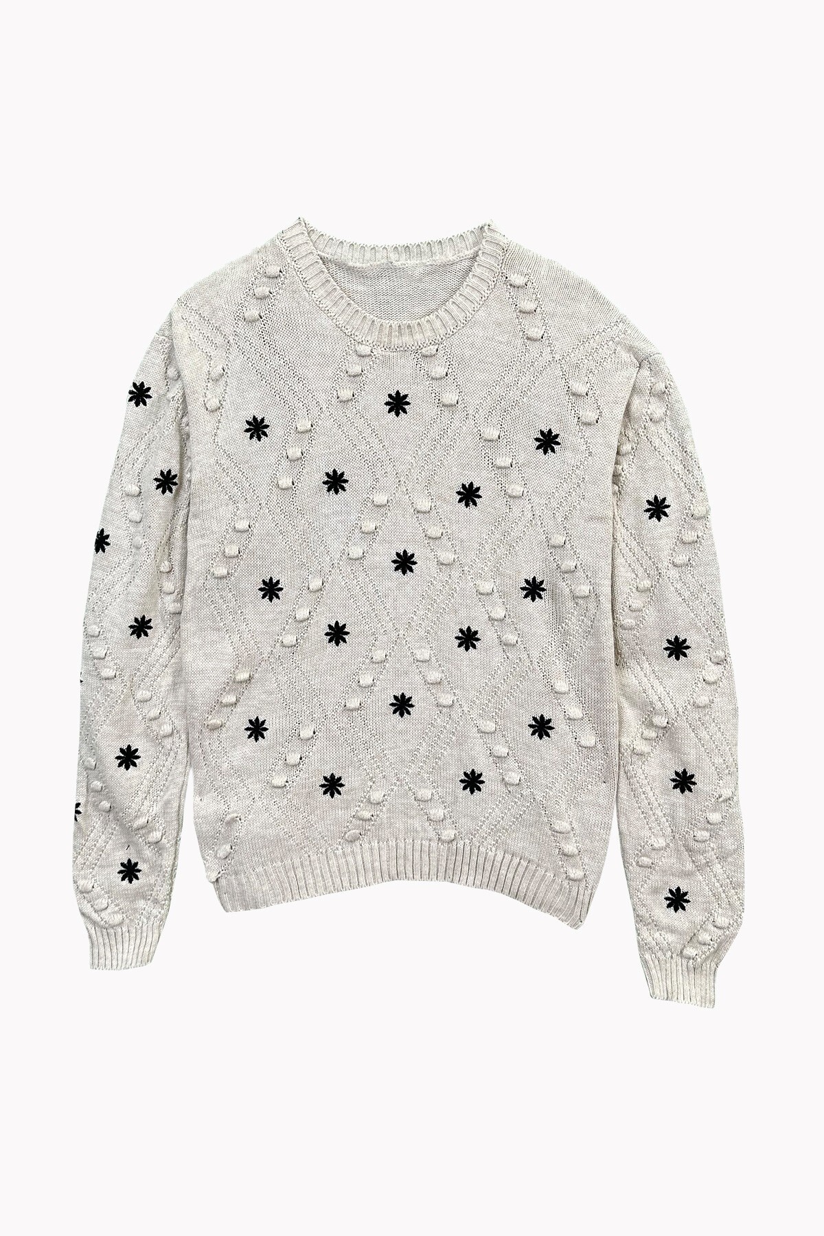 Bej Nakışlı Triko Kazak