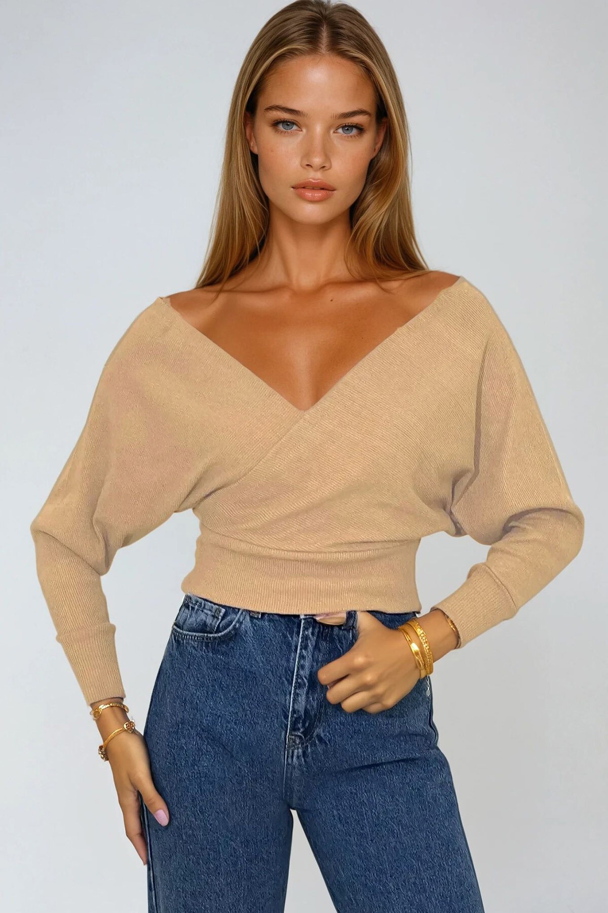 Bej Ön Arka V Yaka Kruvaze Bluz