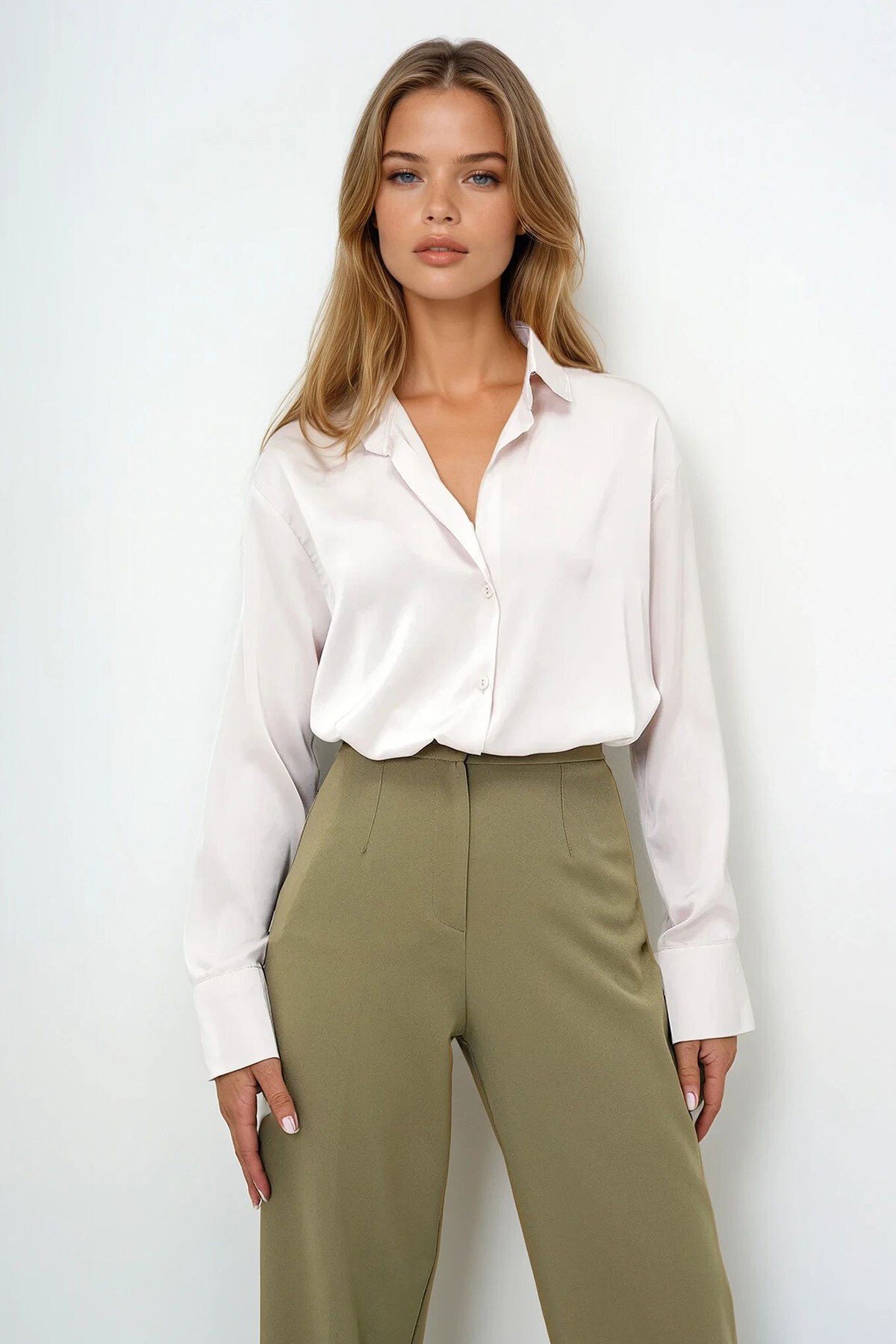 Bej Oversize İpek Saten Gömlek