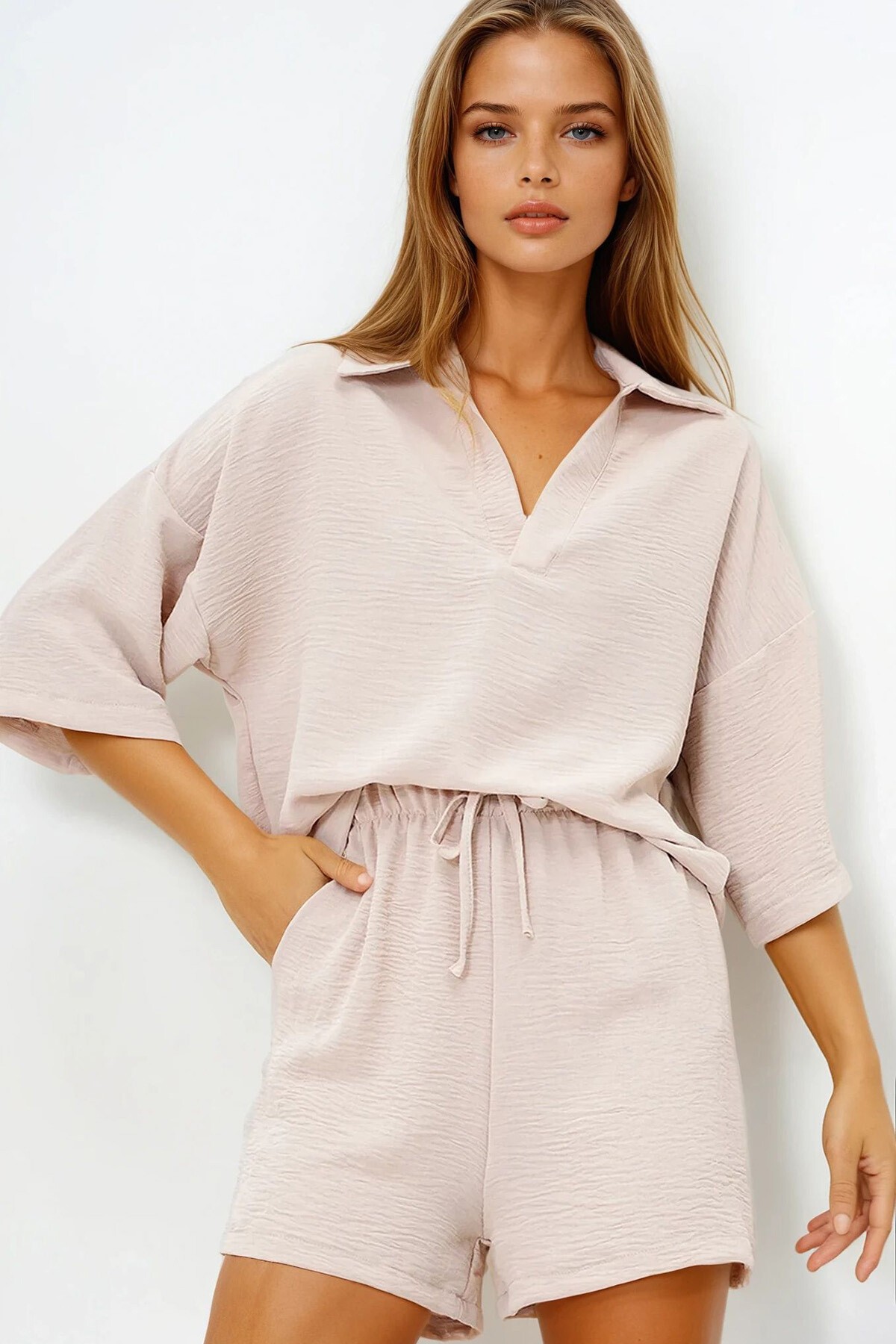 Bej Polo Yaka Aerobin Bluz Ve Şort Takım