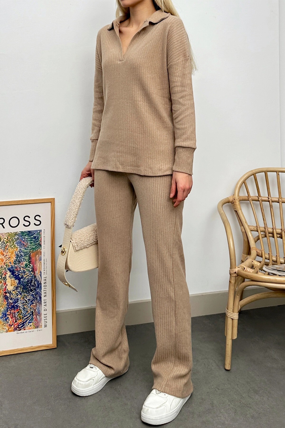 Bej Polo Yaka Üst Ve Palazzon Pantolon Triko Alt Üst Takım