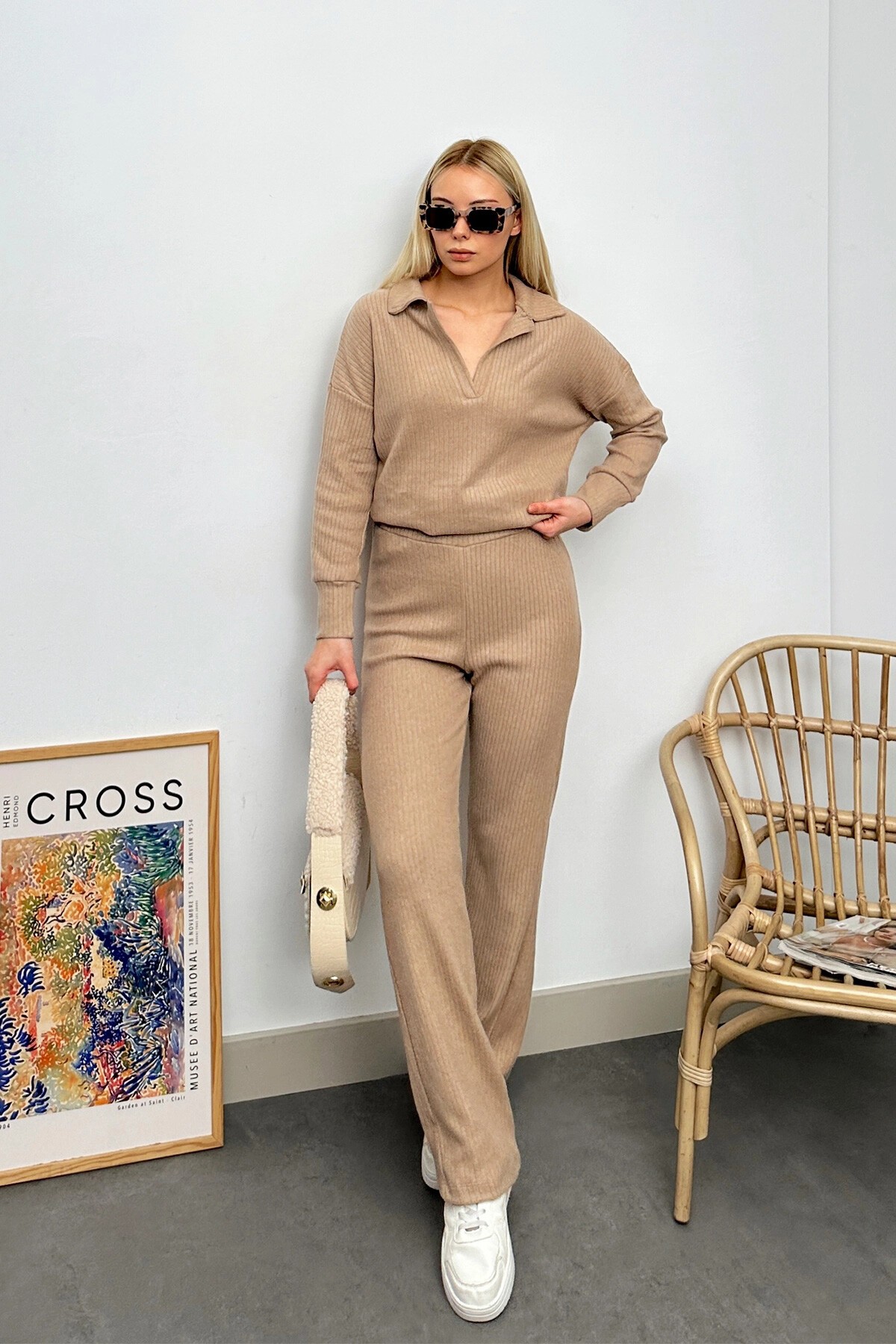 Bej Polo Yaka Üst Ve Palazzon Pantolon Triko Alt Üst Takım