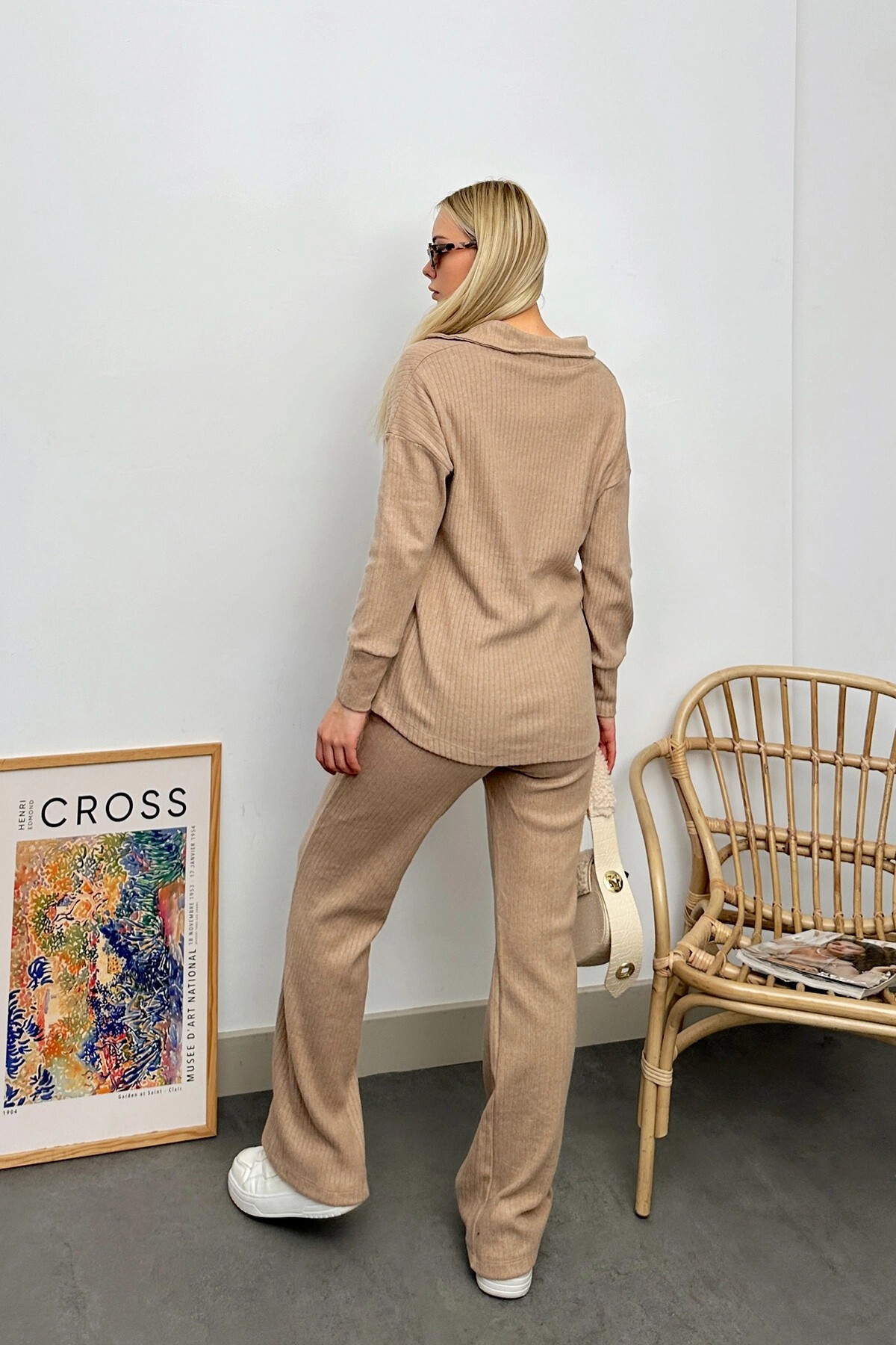 Bej Polo Yaka Üst Ve Palazzon Pantolon Triko Alt Üst Takım