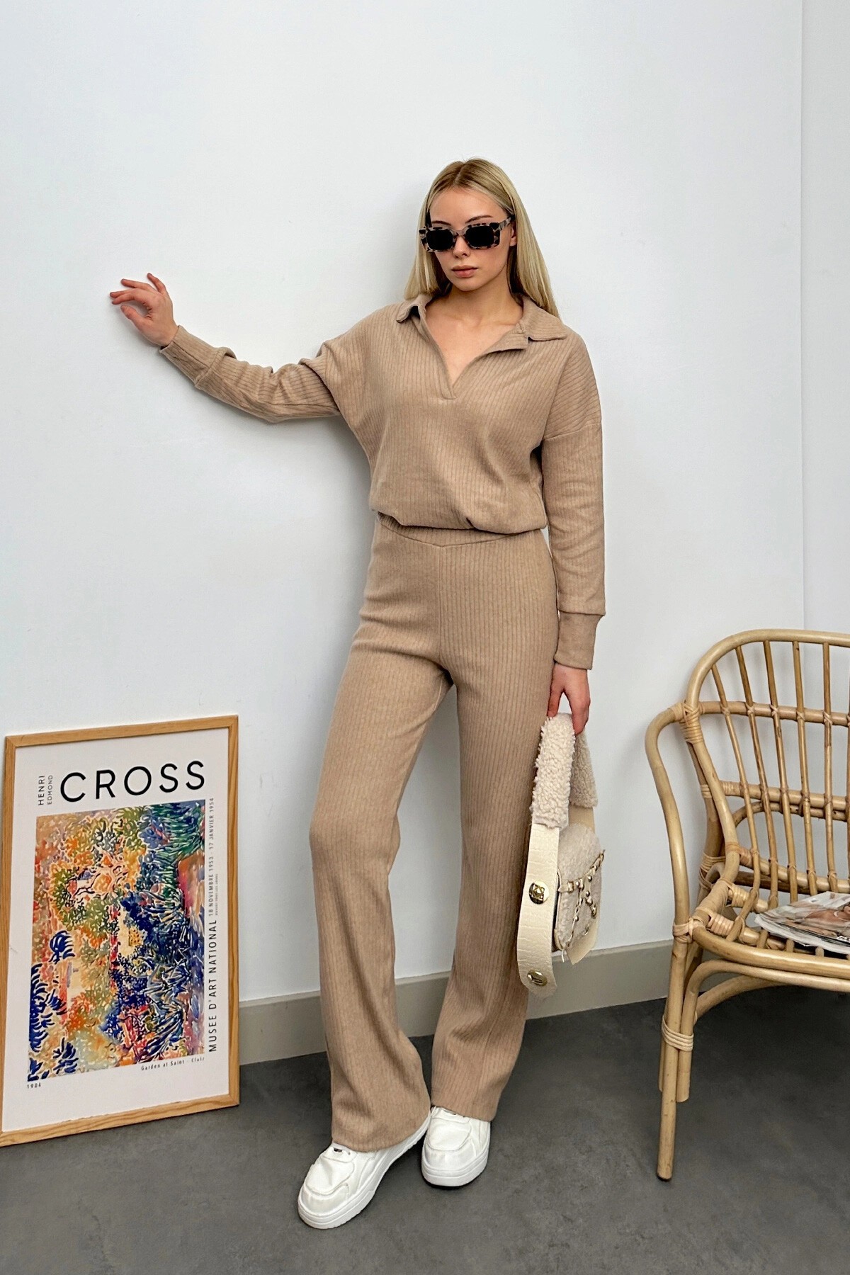 Bej Polo Yaka Üst Ve Palazzon Pantolon Triko Alt Üst Takım