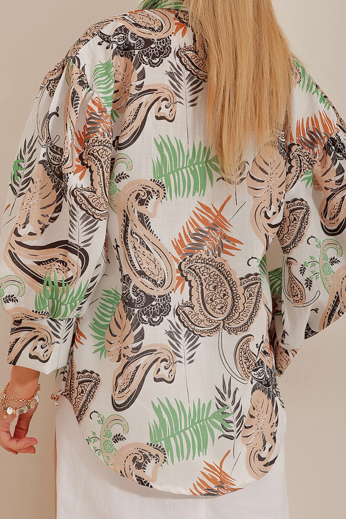 Bej Prenses Etnik Desenli Flamlı Keten Dokuma Gömlek