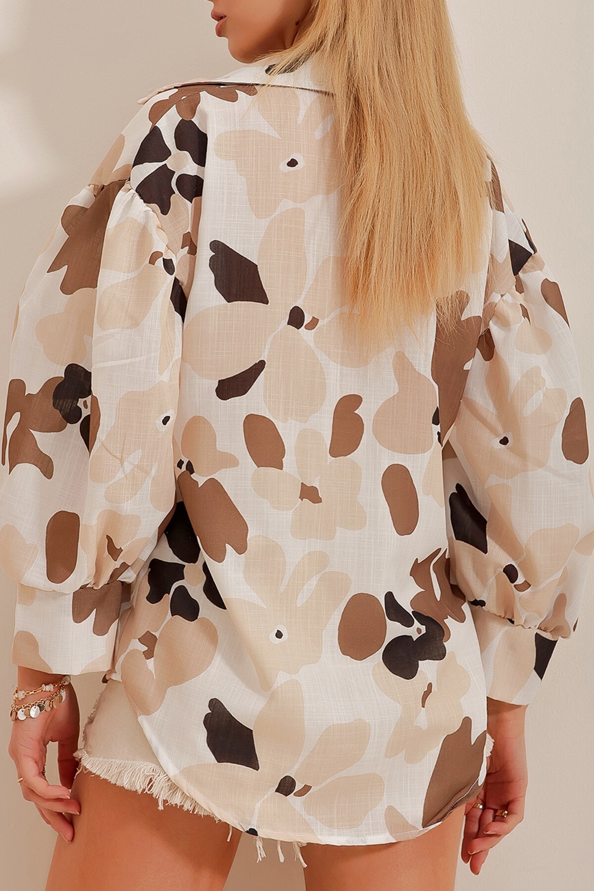 Bej Prenses Etnik Desenli Flamlı Keten Dokuma Gömlek