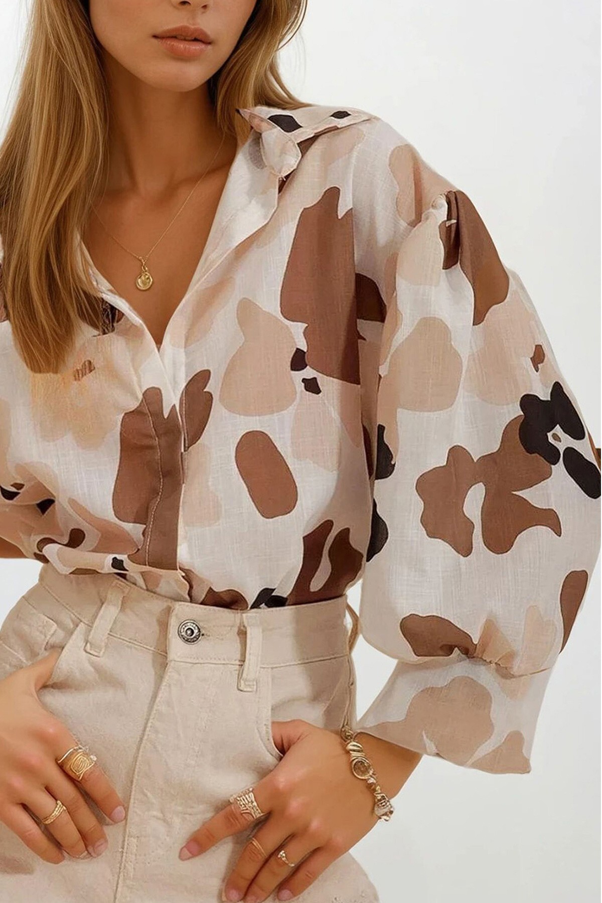 Bej Prenses Etnik Desenli Flamlı Keten Dokuma Gömlek