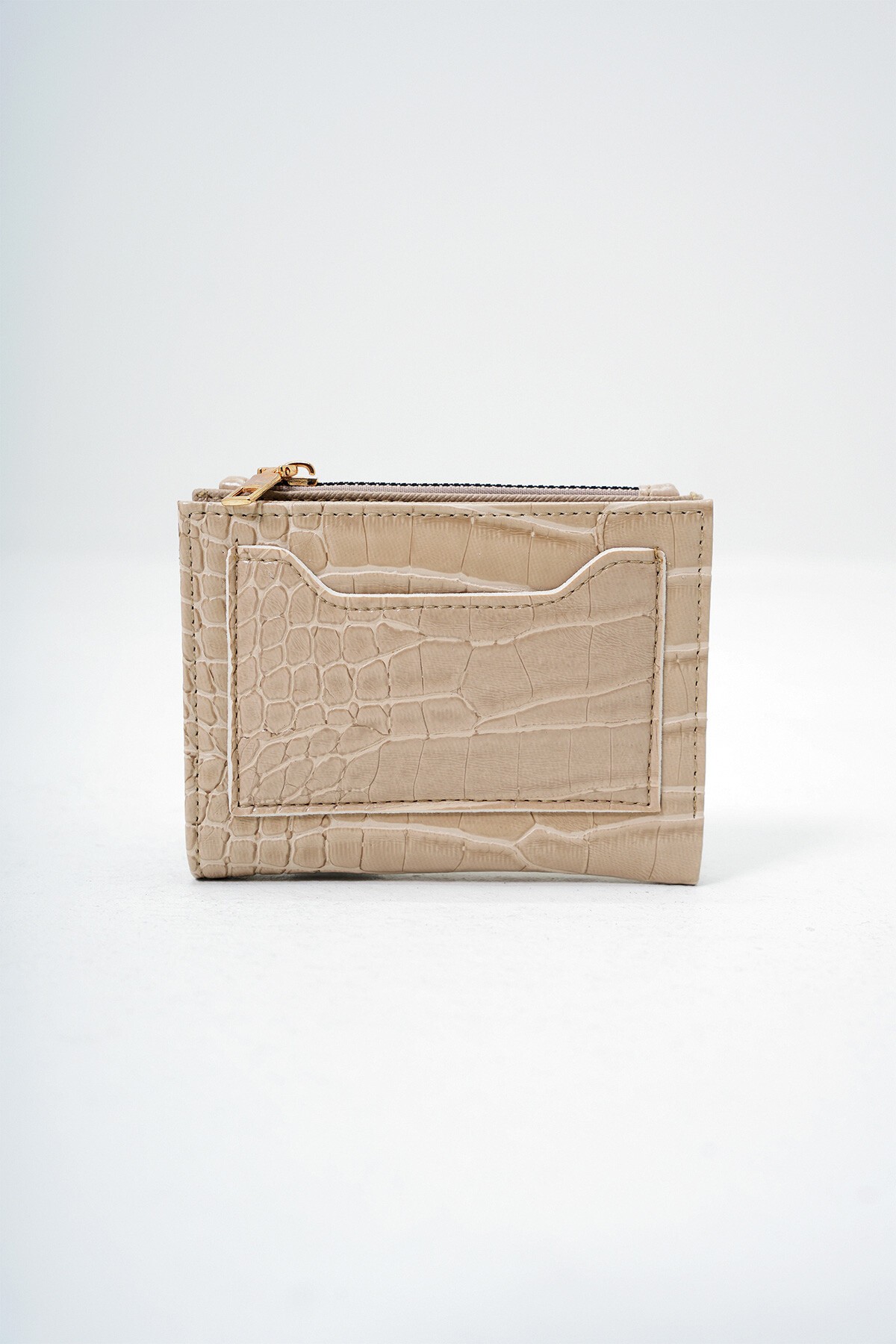 Bej Suni Deri Croco Desen Kağıt Ve Bozuk Para Bölmeli Cüzdan Kartlık