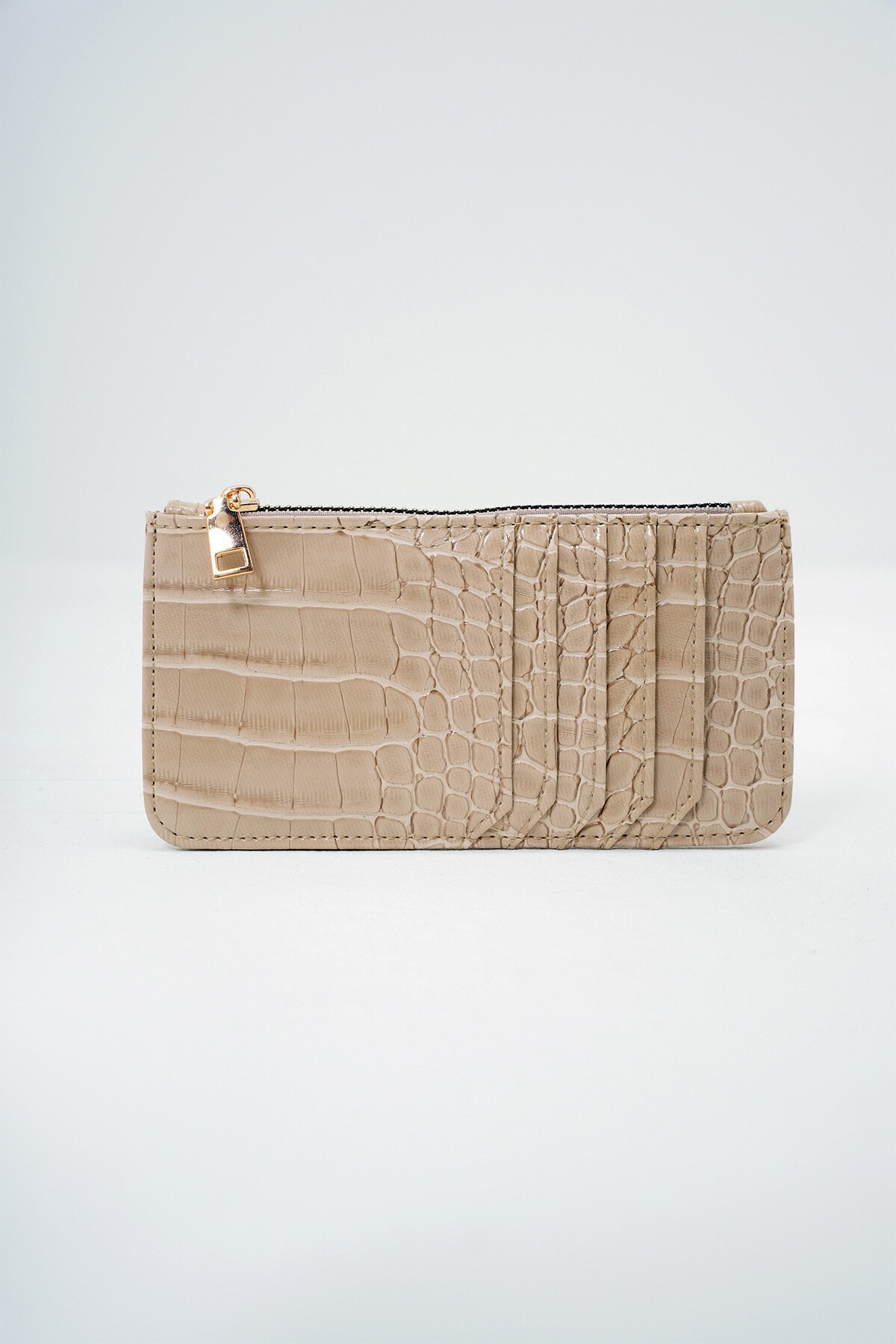Bej Suni Deri Fermuarlı Para Bölmeli Croco Desen İnce Kartlık
