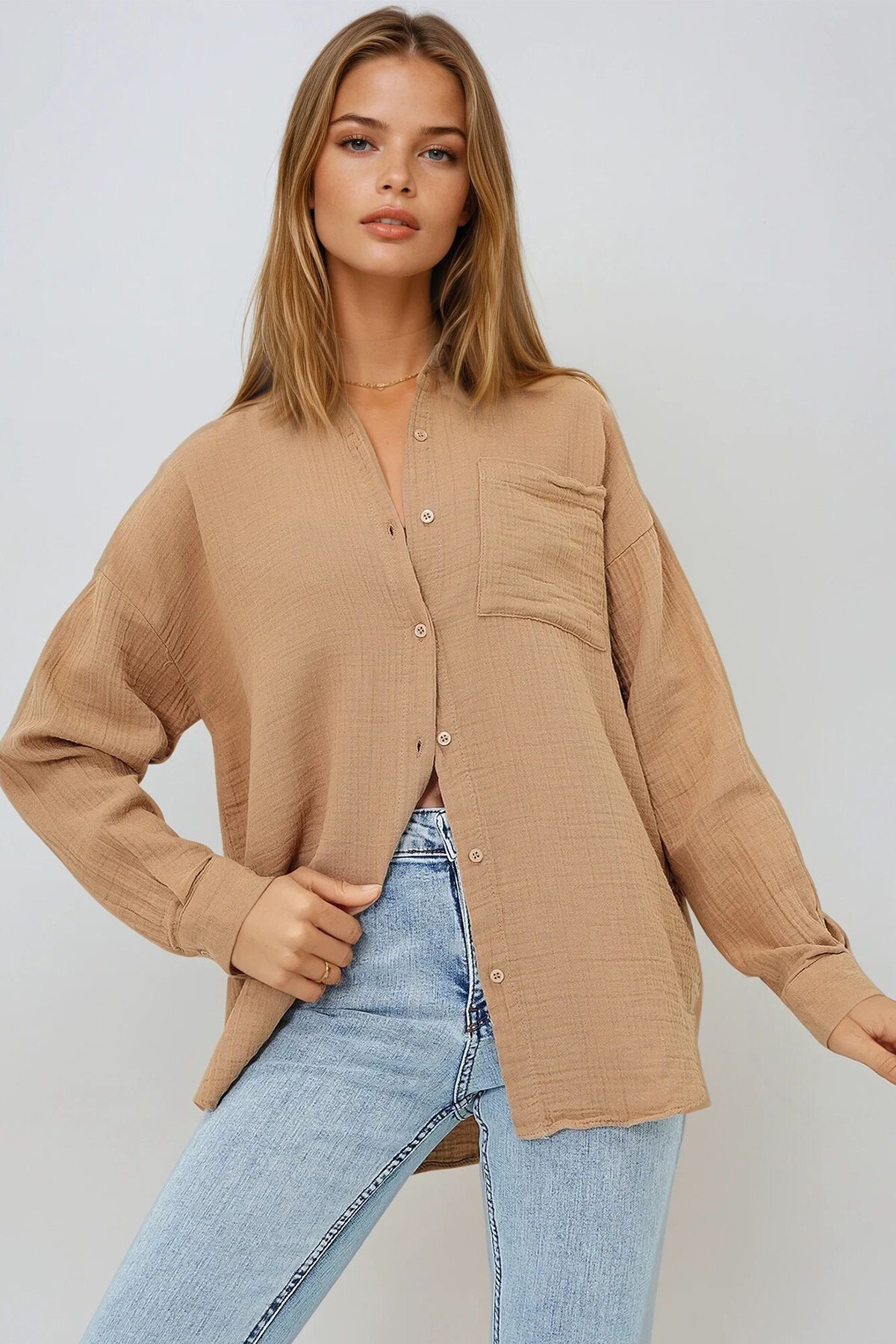 Bej Tek Cepli Keten Görünümlü Oversize Dokuma Gömlek