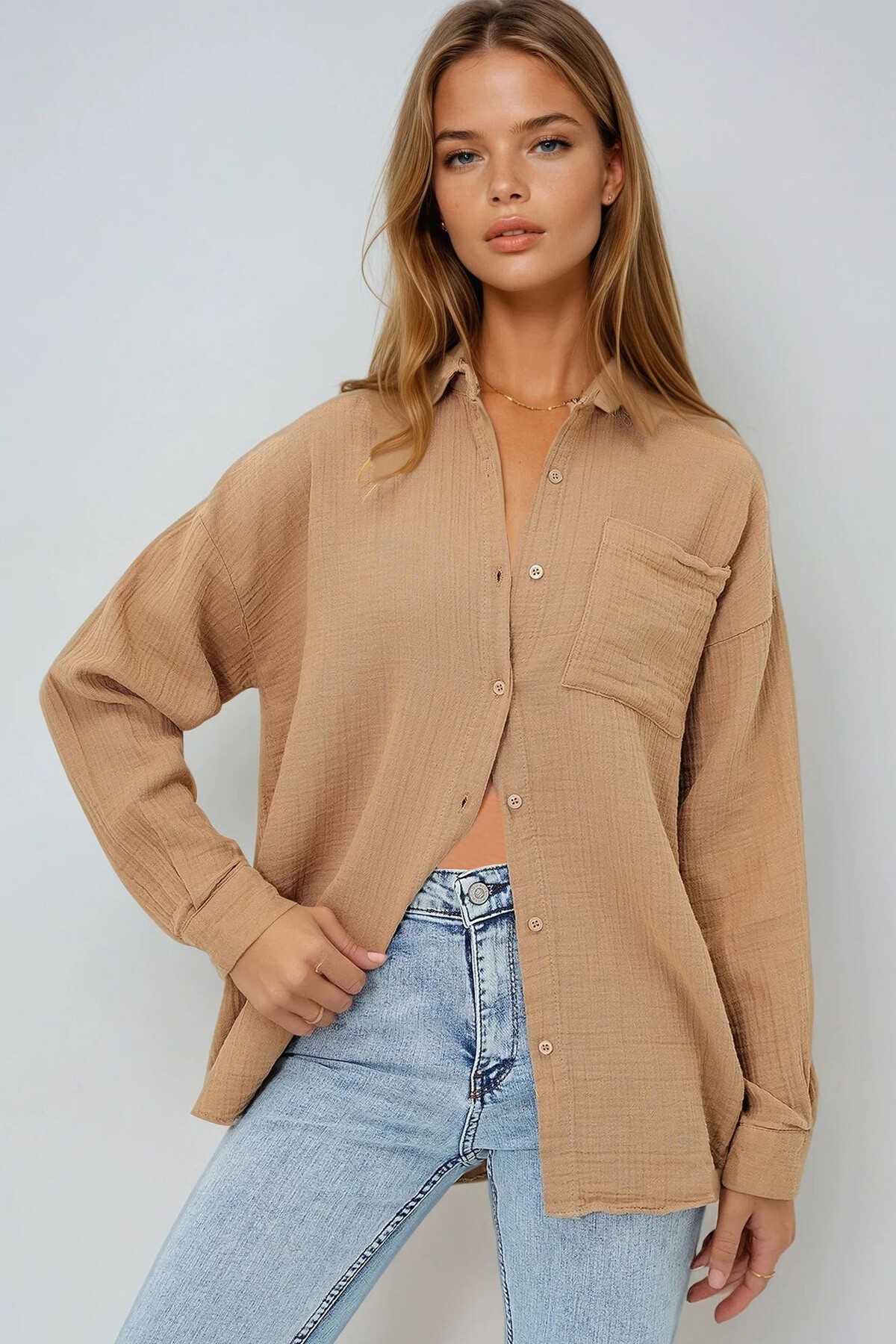 Bej Tek Cepli Keten Görünümlü Oversize Dokuma Gömlek