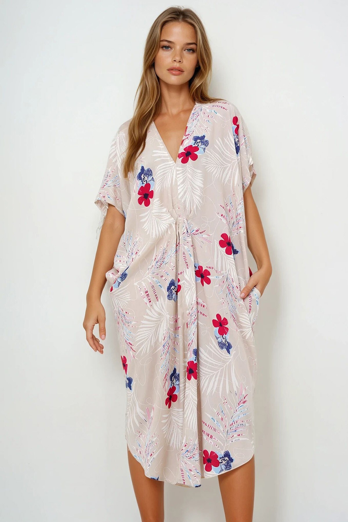 Bej V Yaka Desenli Yazlık Maxi Boy Dokuma Elbise