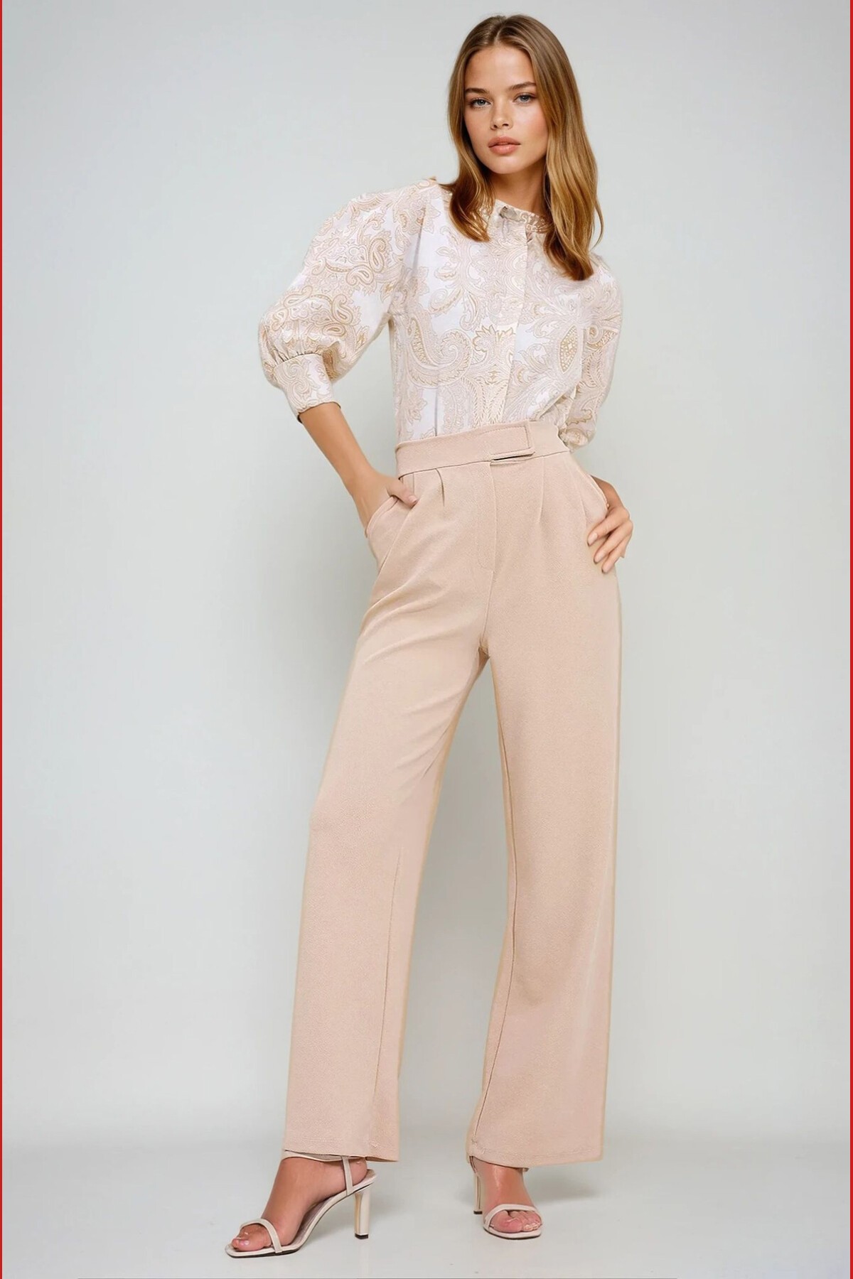 Bej Yüksek Bel Çift Cepli Pileli Cırt Kapamalı Palazzo Pantolon