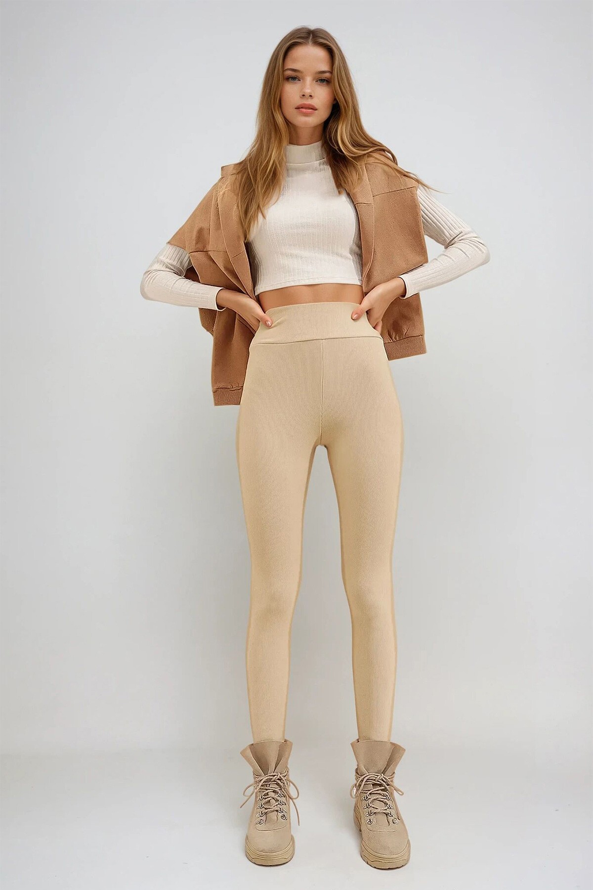 Bej Yüksek Bel Fitilli Likralı Ottoban Tayt